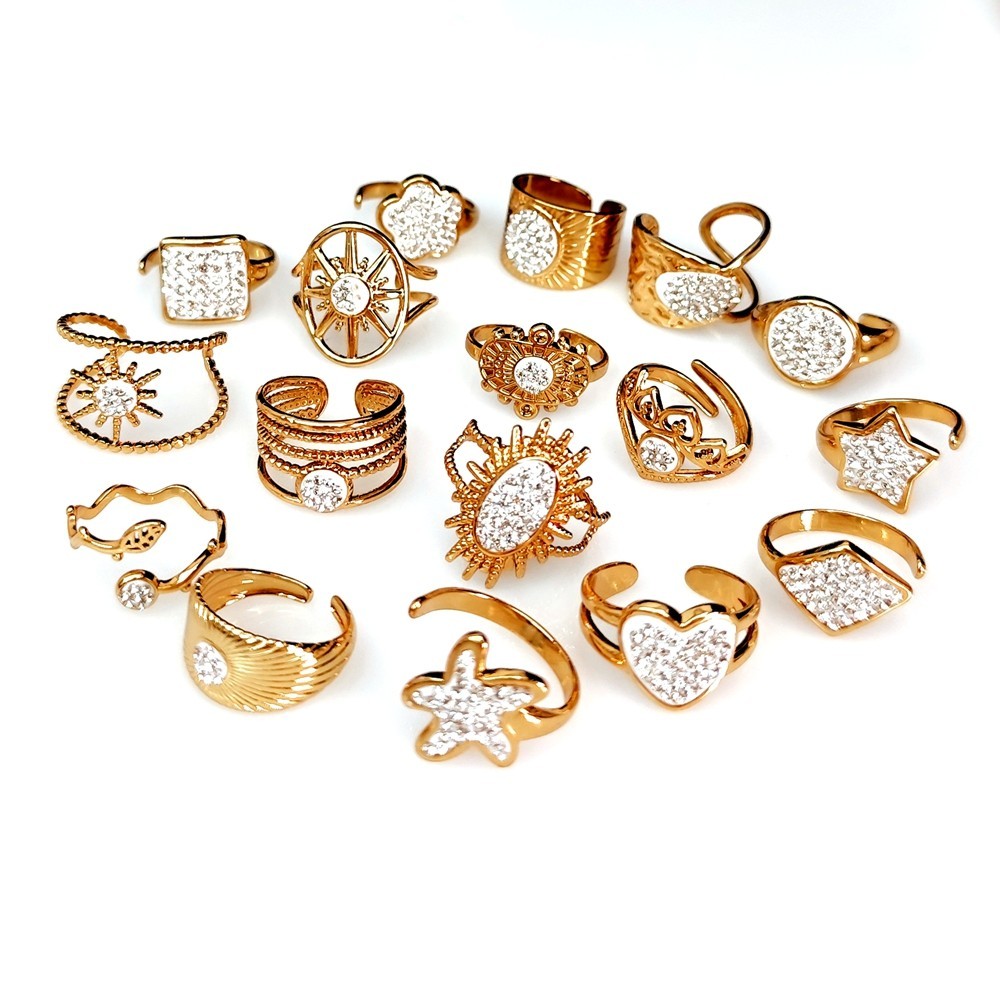 20Pcs Luxury Gold Full Zircon Ring For Women Assorted Style Stainless Steel Ring