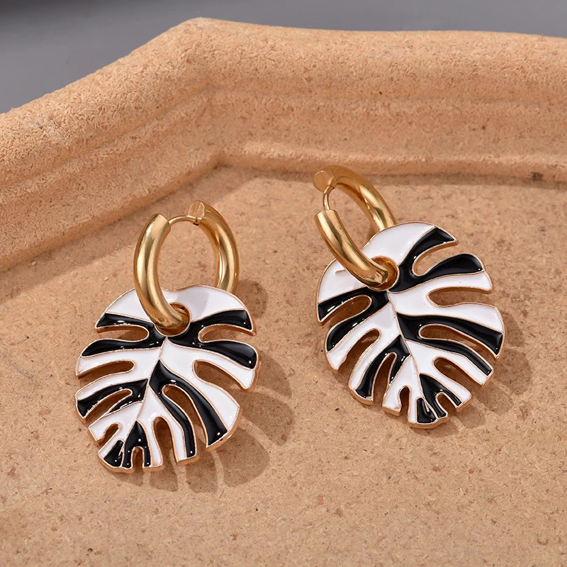 Colorful Big Leaf Pendant Gold Color Stainless Steel Earrings For Women
