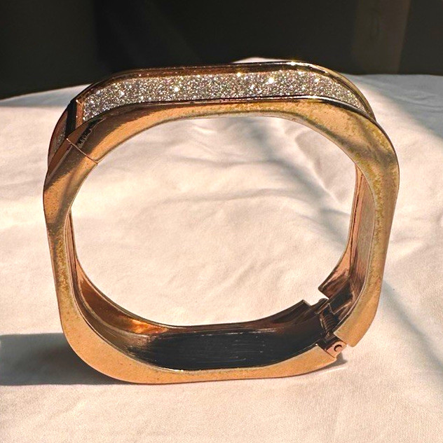 Rose Gold Tone Hinged Cuff Bangle Bracelet Pavé Clear Crystal Rectangle