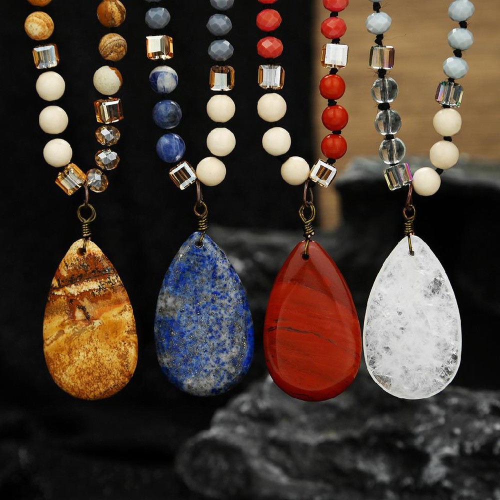 Pendant Necklace Glass Crystal Teardrop Round Beaded Quartz Jasper Amethyst N95