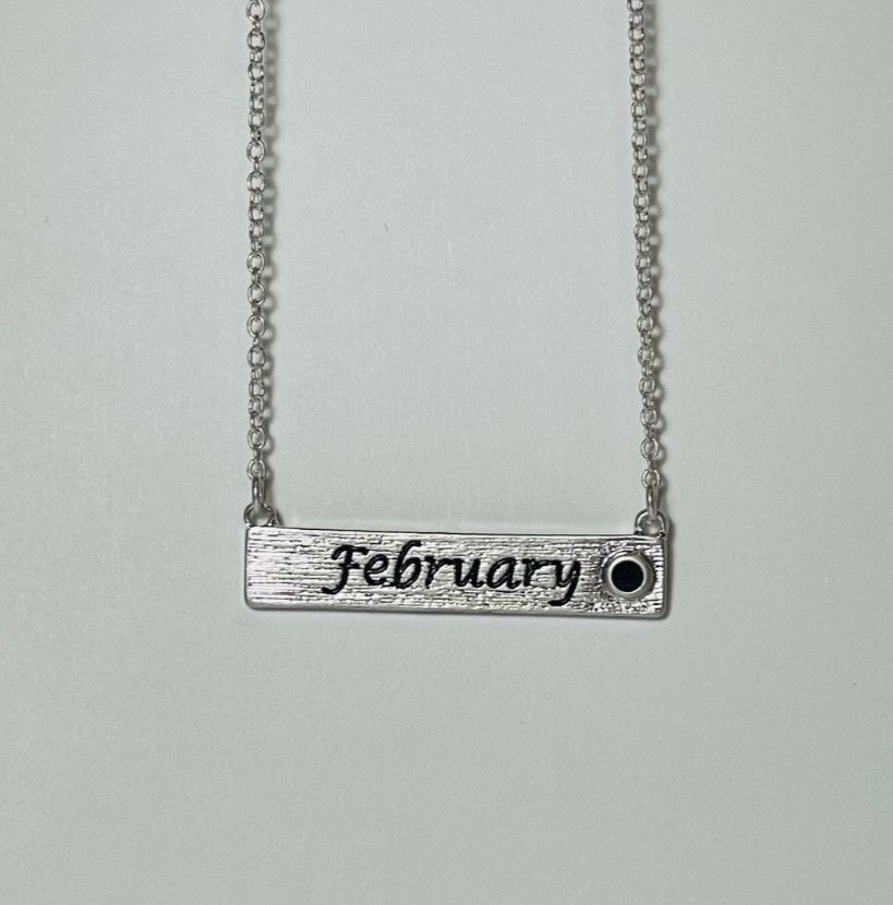 Personalized February Birthstone Necklace Bar Pendant Dainty Silver Plated