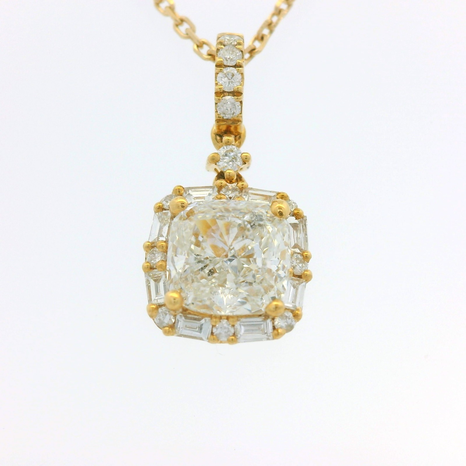 GIA 18K Yellow Gold 1.00 Carat Cushion Cut Diamond Halo Pendant Necklace