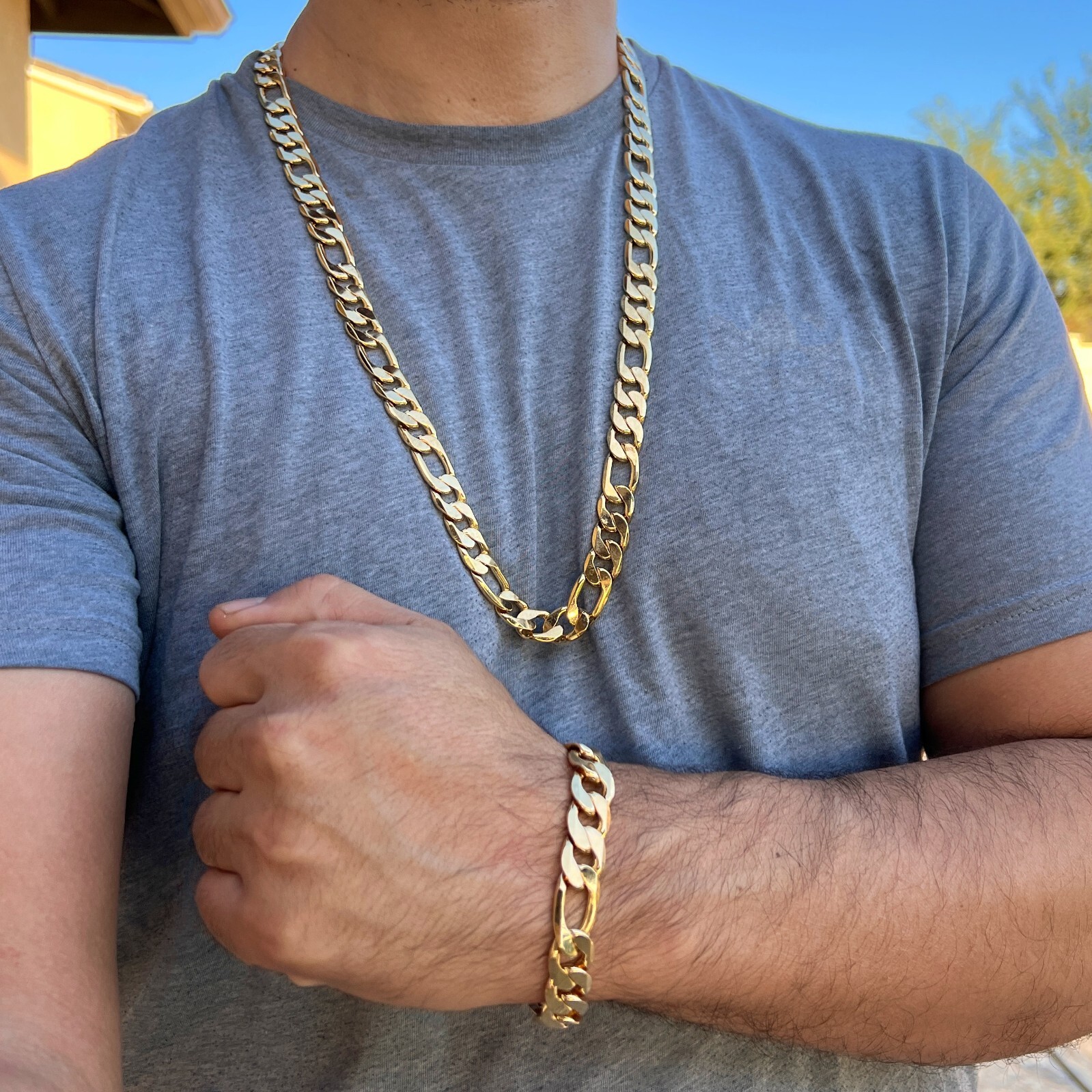 14k Gold Plated Hip Hop Chain Figaro Necklace 30″ x 12MM and Bracelet Combo Set