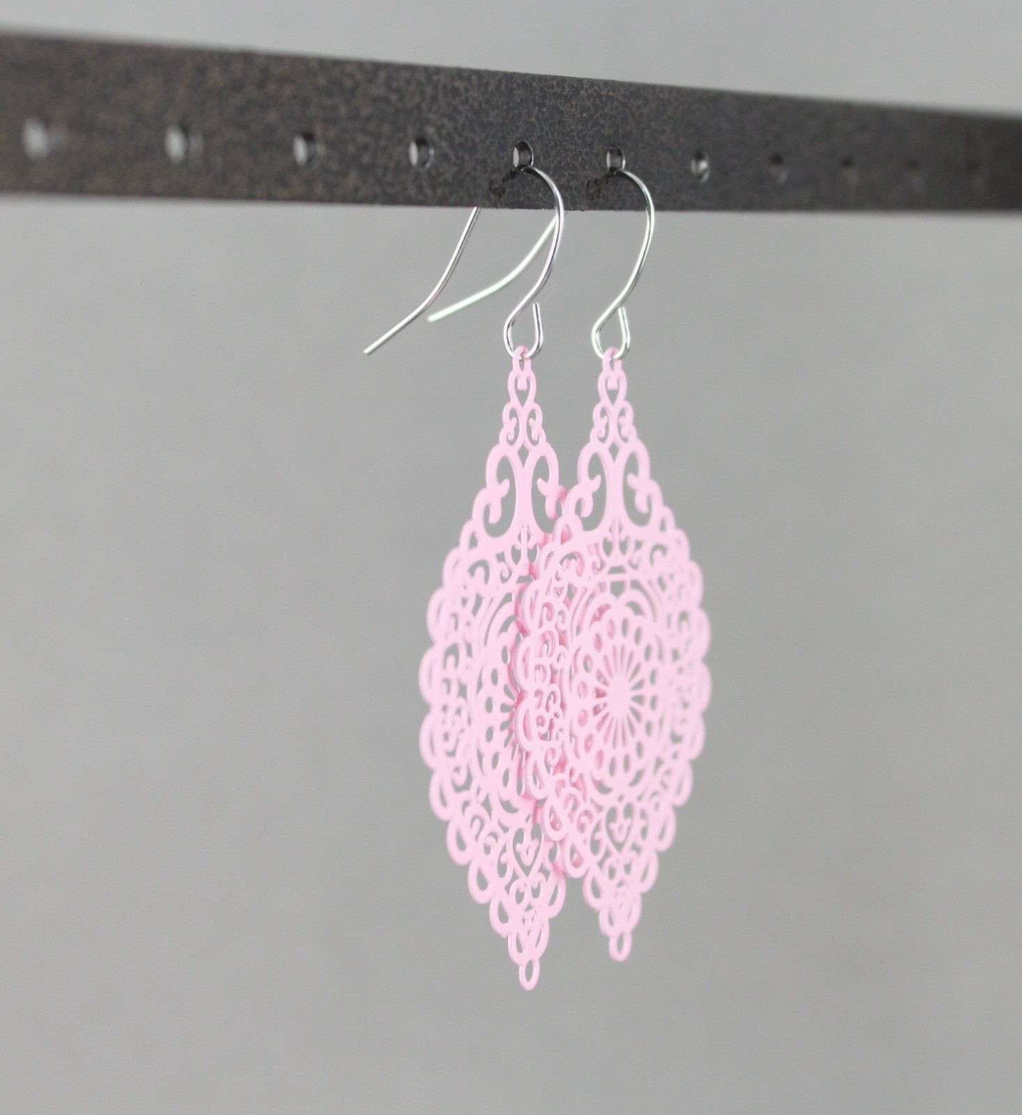 light Pink earrings teardrop dangle VERY lightweight filigree 2 3/8″ long floral