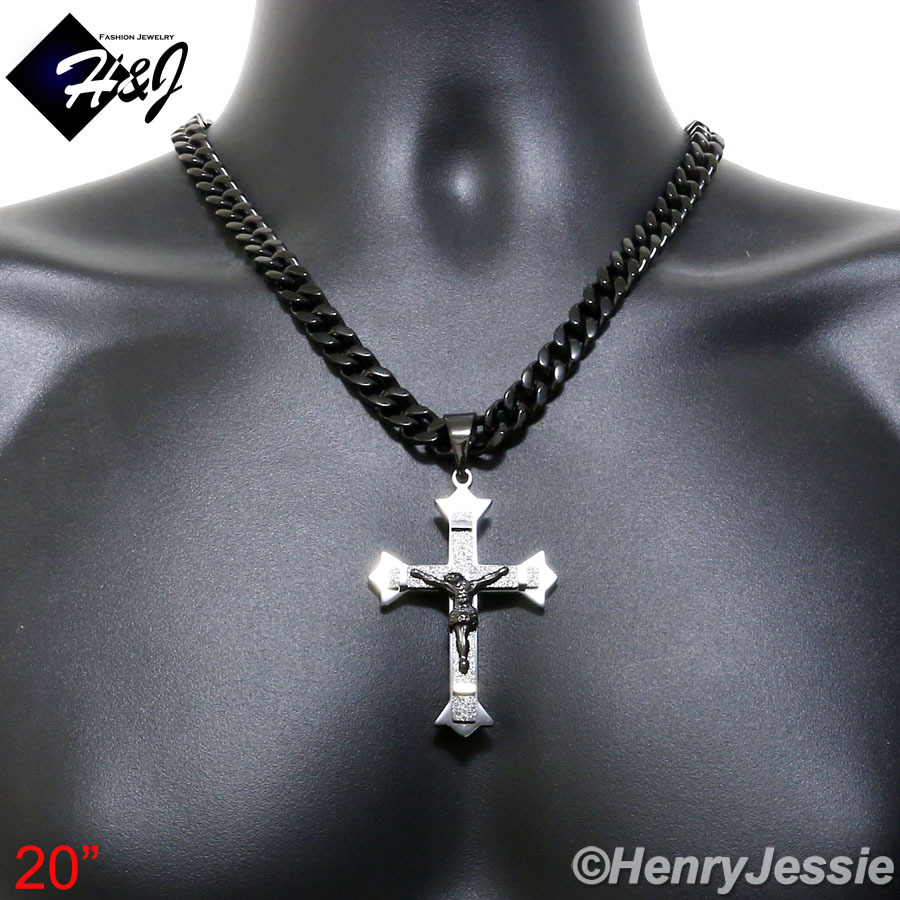 18-40″MEN Stainless Steel 9mm Black Plated Cuban Chain Necklace Cross Pendant*28