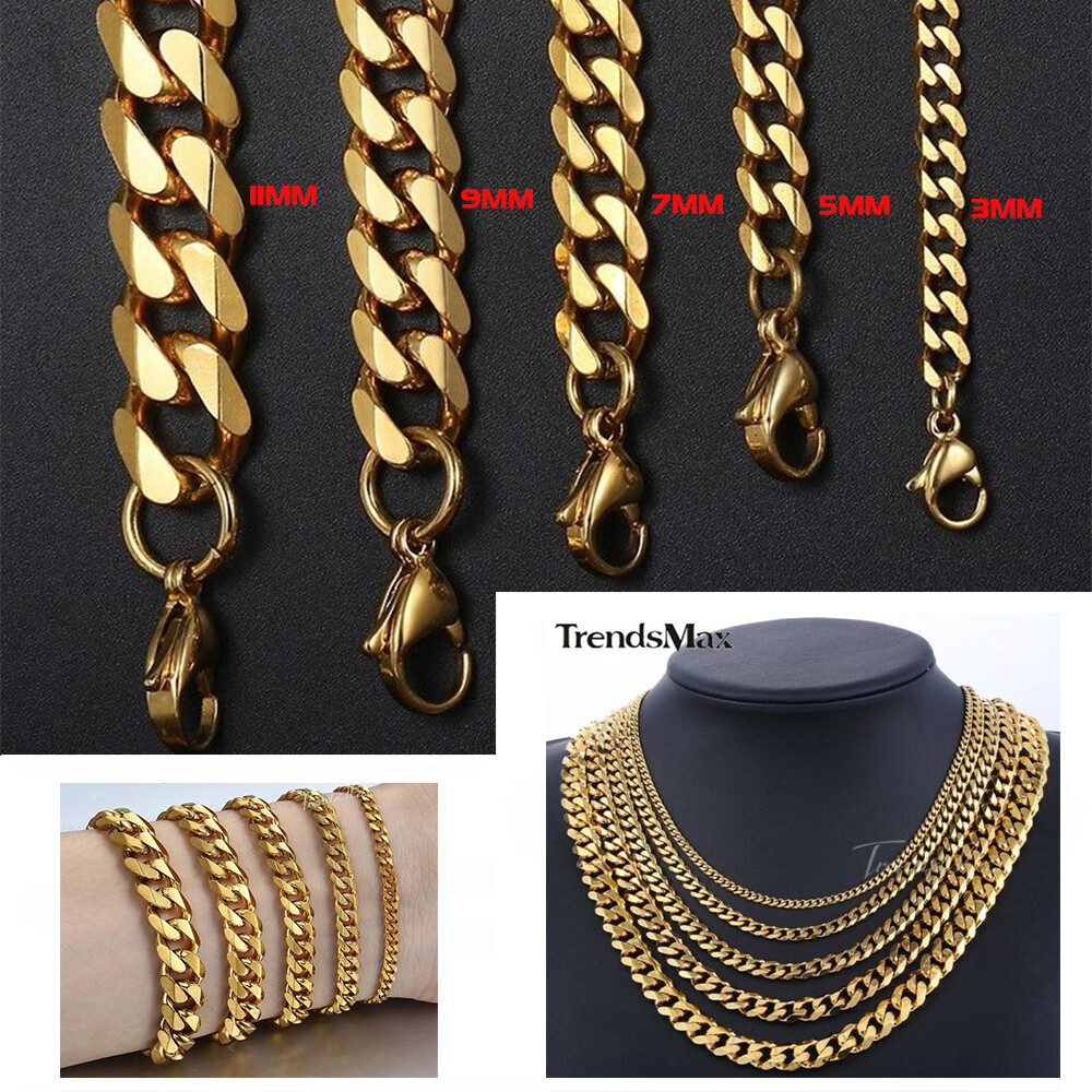 3-11mm Silver/Gold Plated Stainless Steel Cuban Link Necklace Chain Choker 16-24