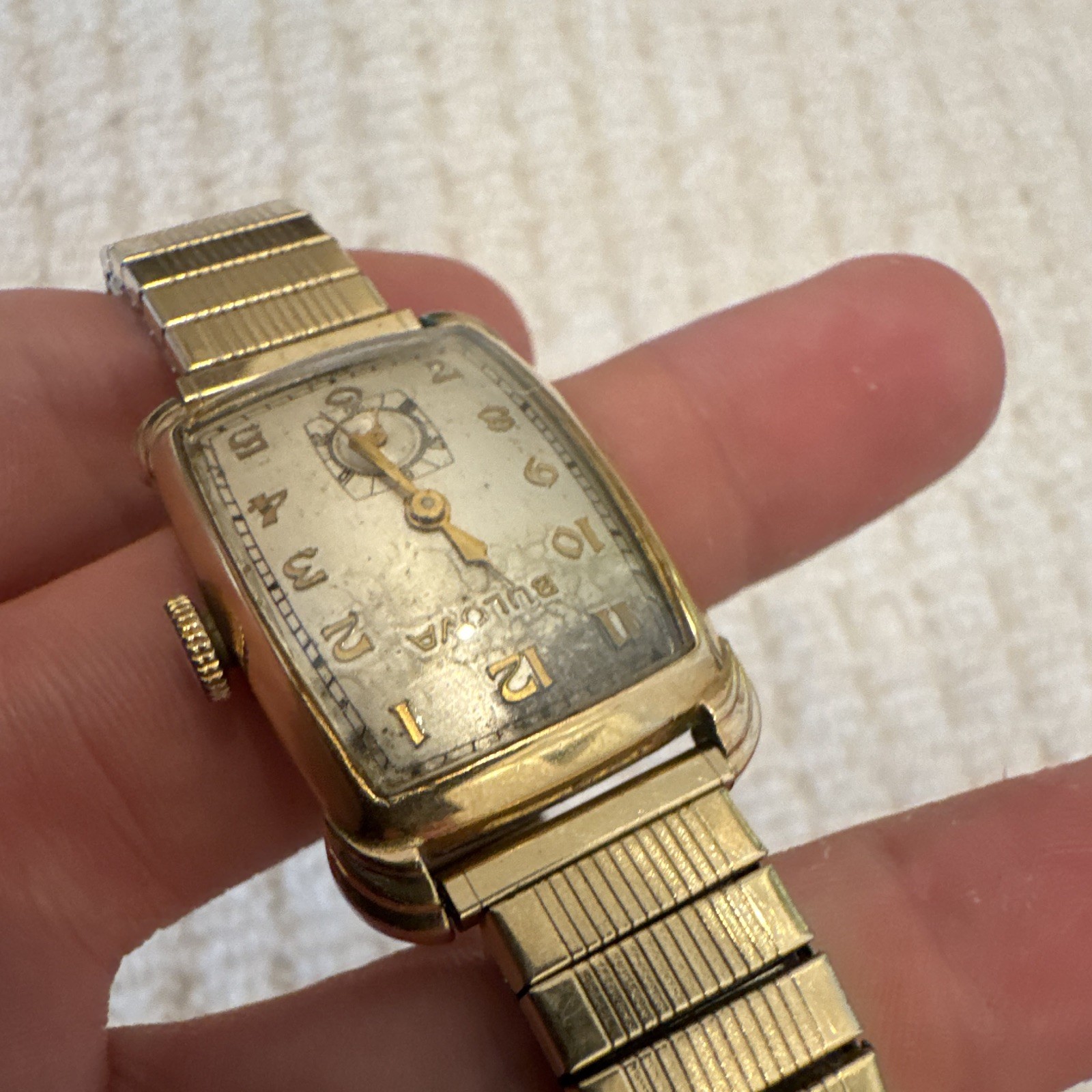 Bulova Vintage Rectangle Manual Wind Watch. Small Sec Gold. RUNS WELL
