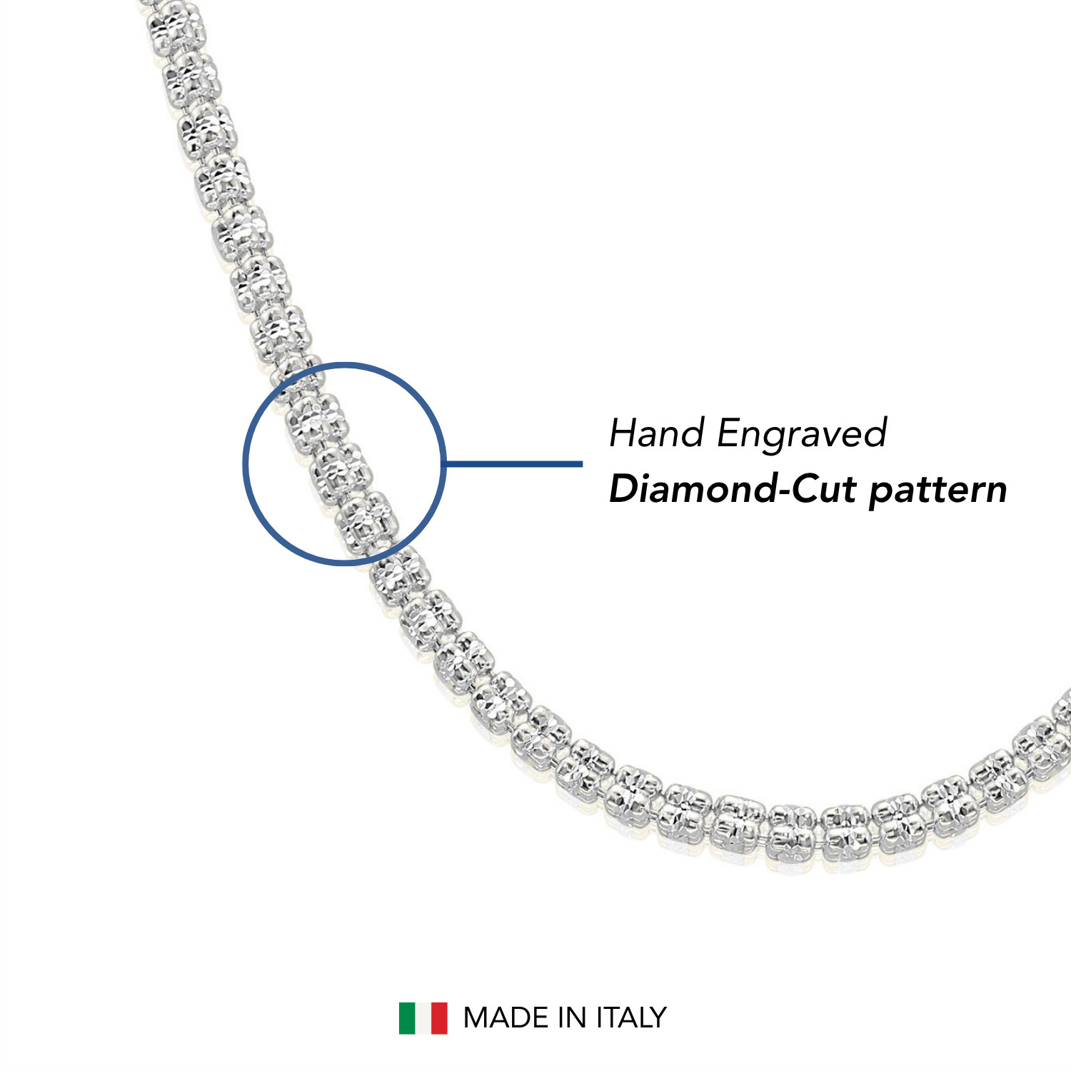 Solid 925 Sterling Silver 3mm 4mm Diamond-Cut Ice Chain Italian Necklace 16″-24″