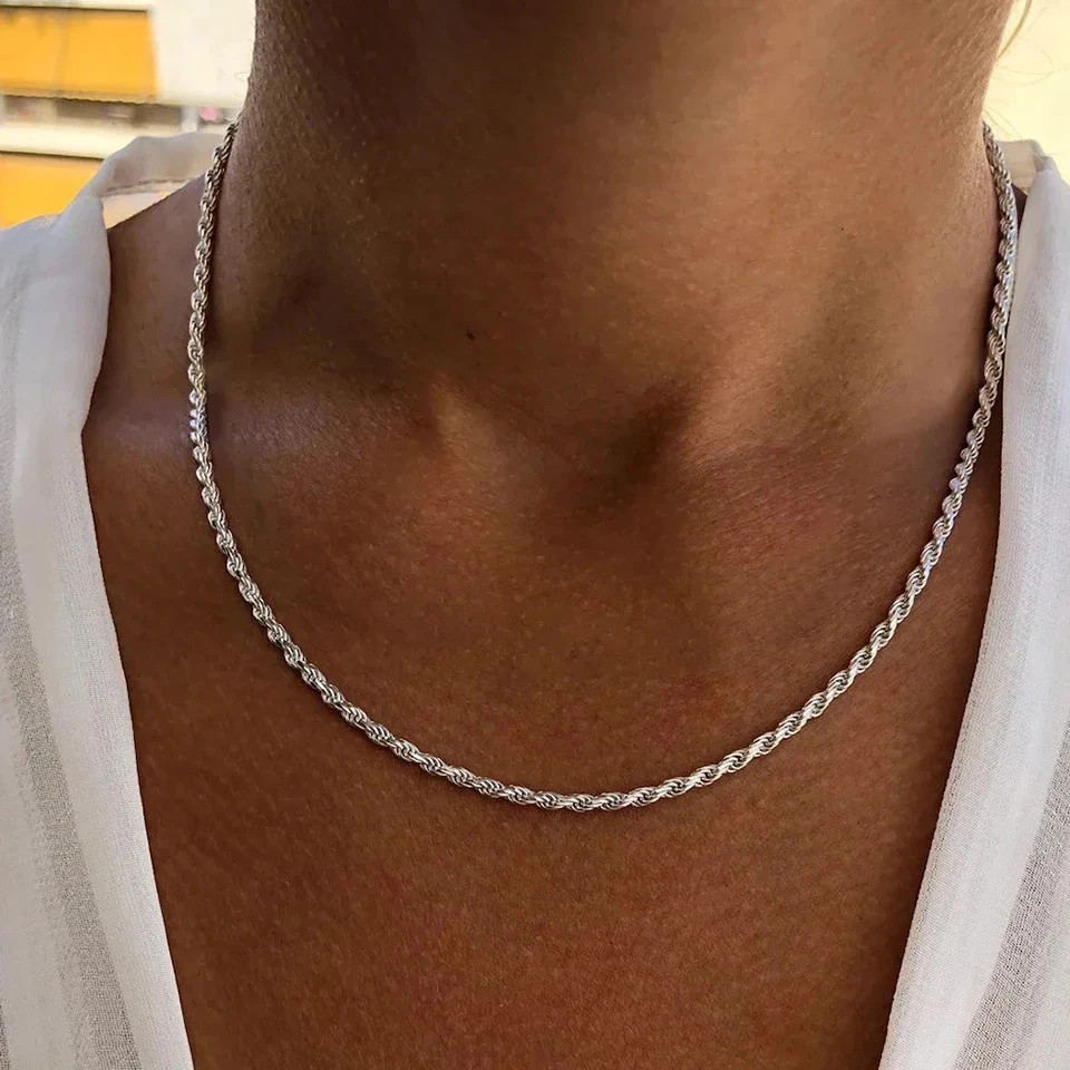 New Men’s Italian 4mm Diamond Cut Rope Chain Solid 925 Sterling Silver Necklace