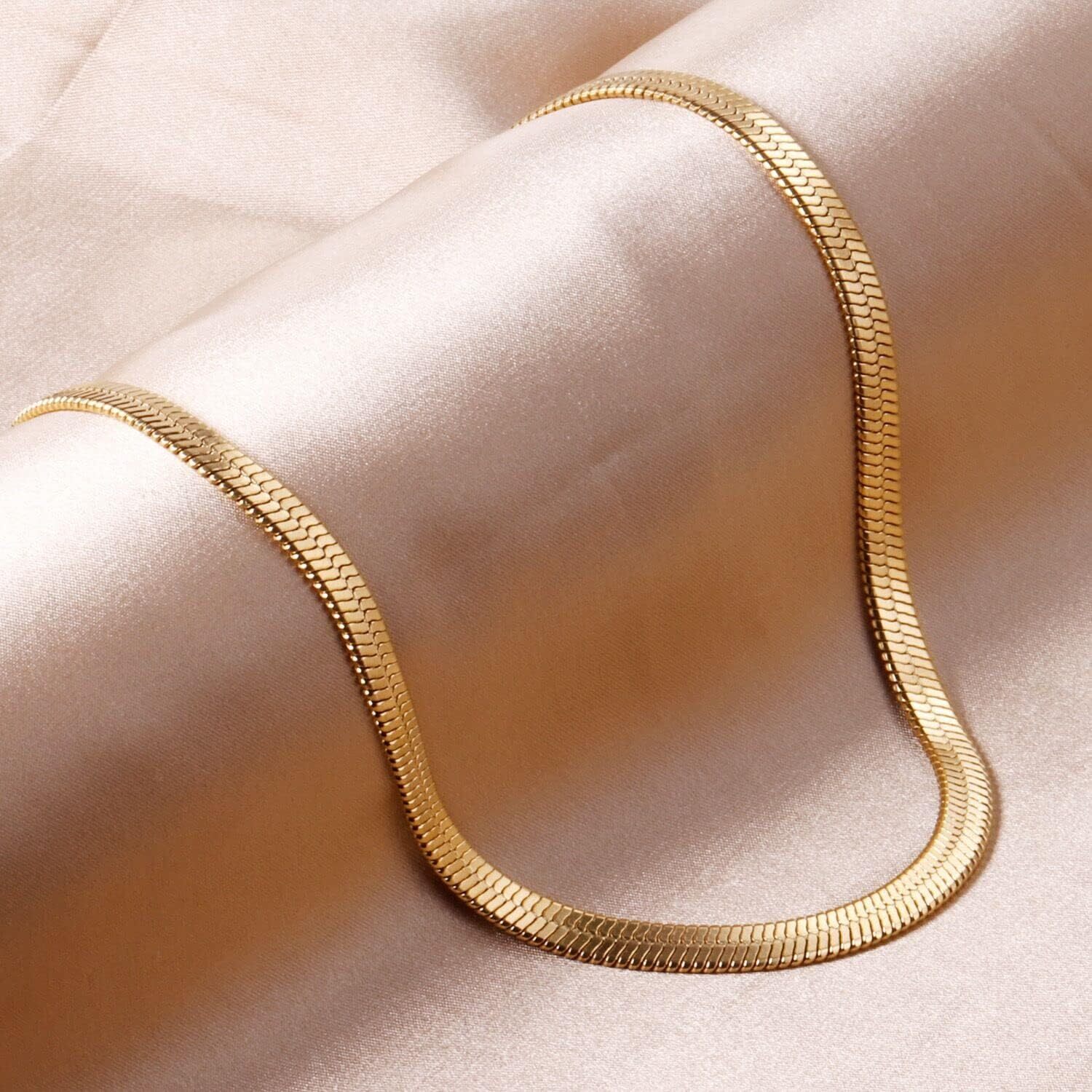 Gold Tone Clavicle Chain Flat Snake Bone Herringbone Choker Neck Necklace Chain