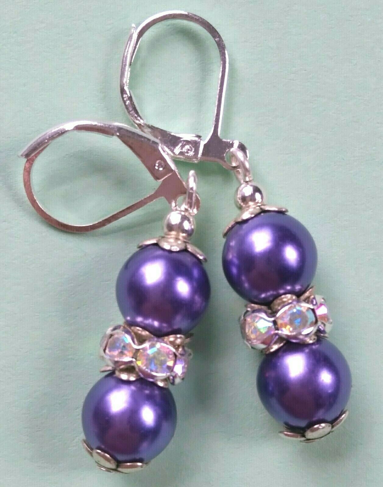 PURPLE GLASS PEARL & Crystal earring SP Leverback handcrafted #400-1