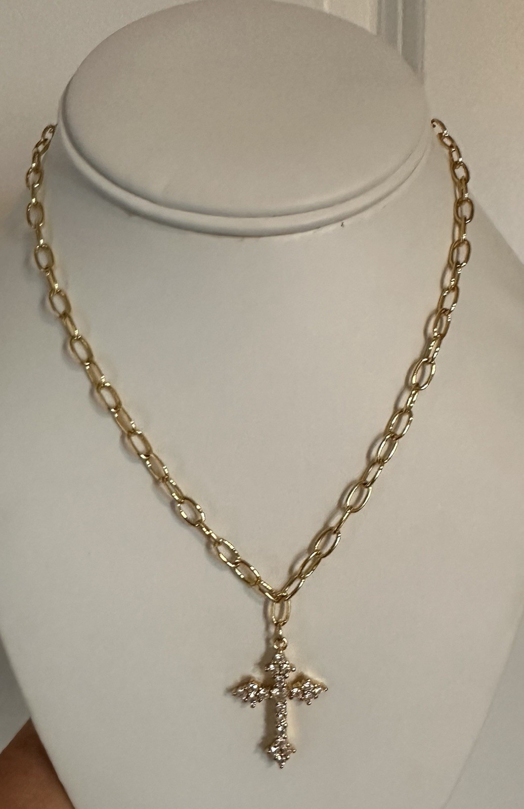 Gold Tone Oval Link Chain Necklace Crystal Cross Charm Pendant Adjustable