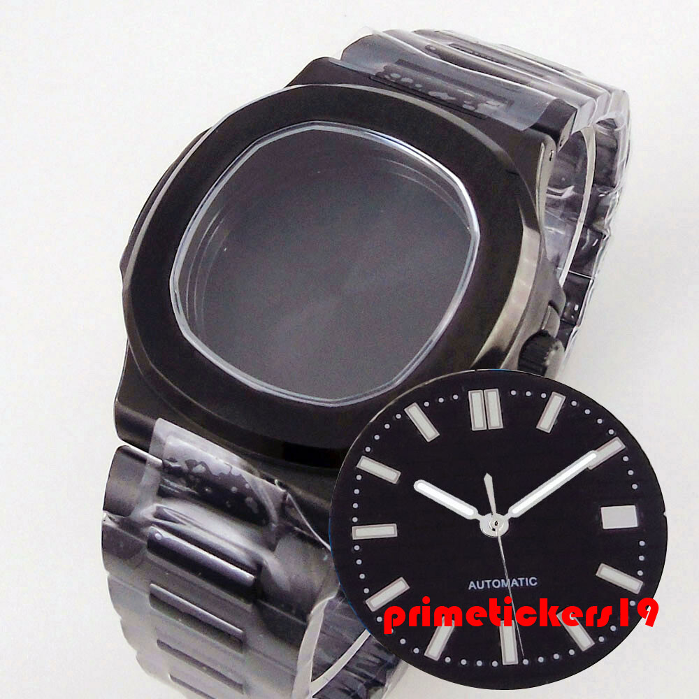 Black Pvd Square Watch Case Bracelet Dial Hands Set Sapphire Fit NH34 NH35 NH36