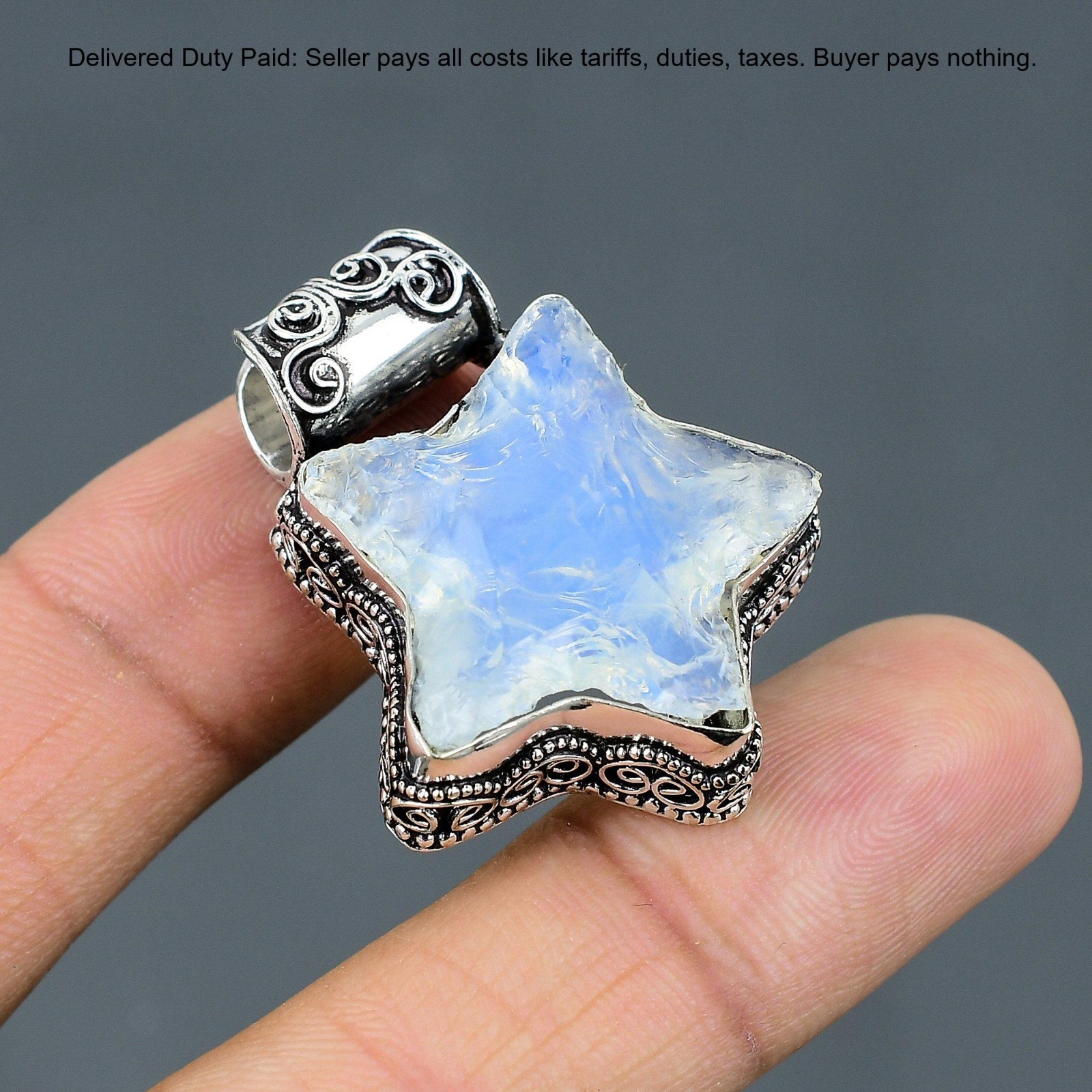 Milky Opal Rough Gemstone 925 Sterling Silver Bezel Star Vintage Pendant Jewelry