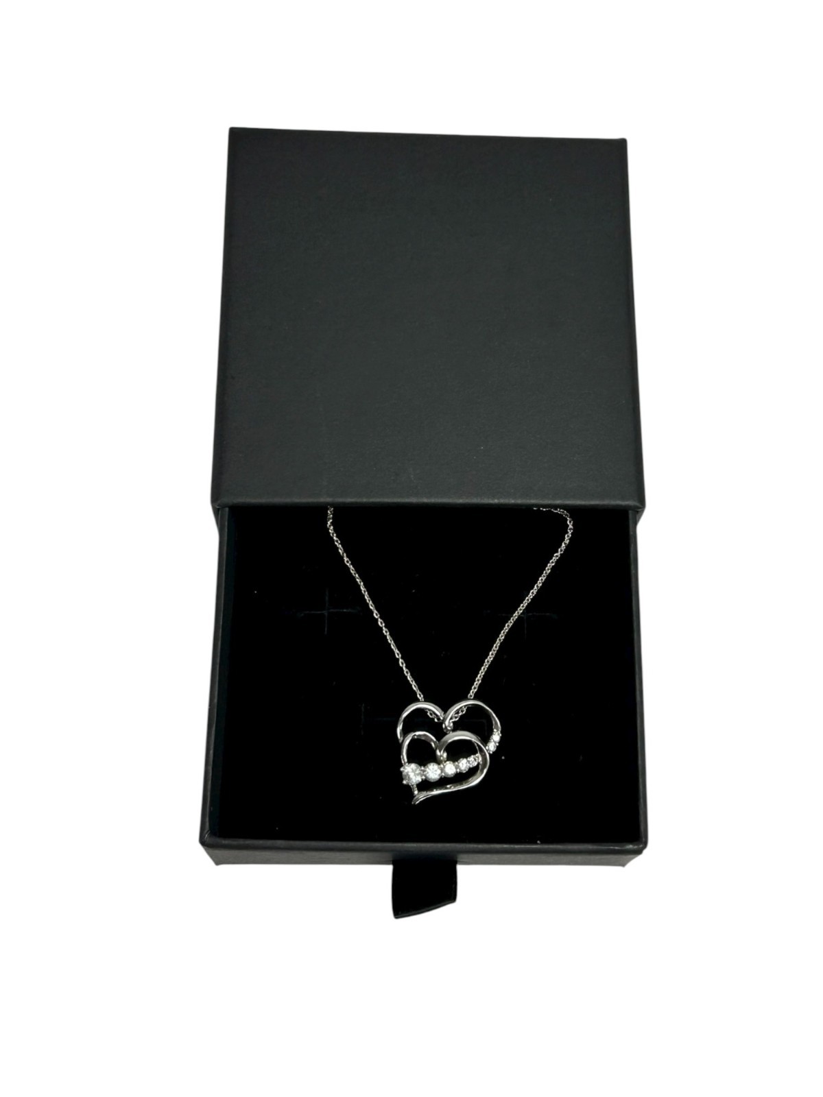925 Sterling Silver Necklace Two Hearts Pendant Love Charm Genuine Diamonds