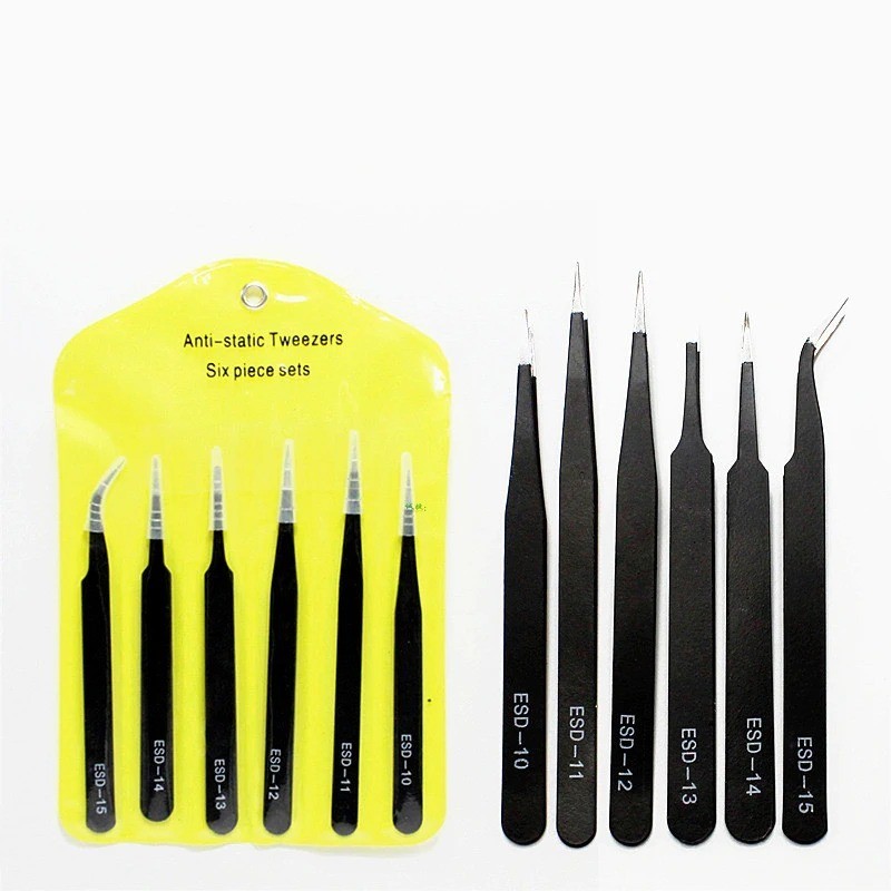 6Pcs ESD Anti-static Tweezers Set Maintenance Repair Stainless Steel Tools Kit