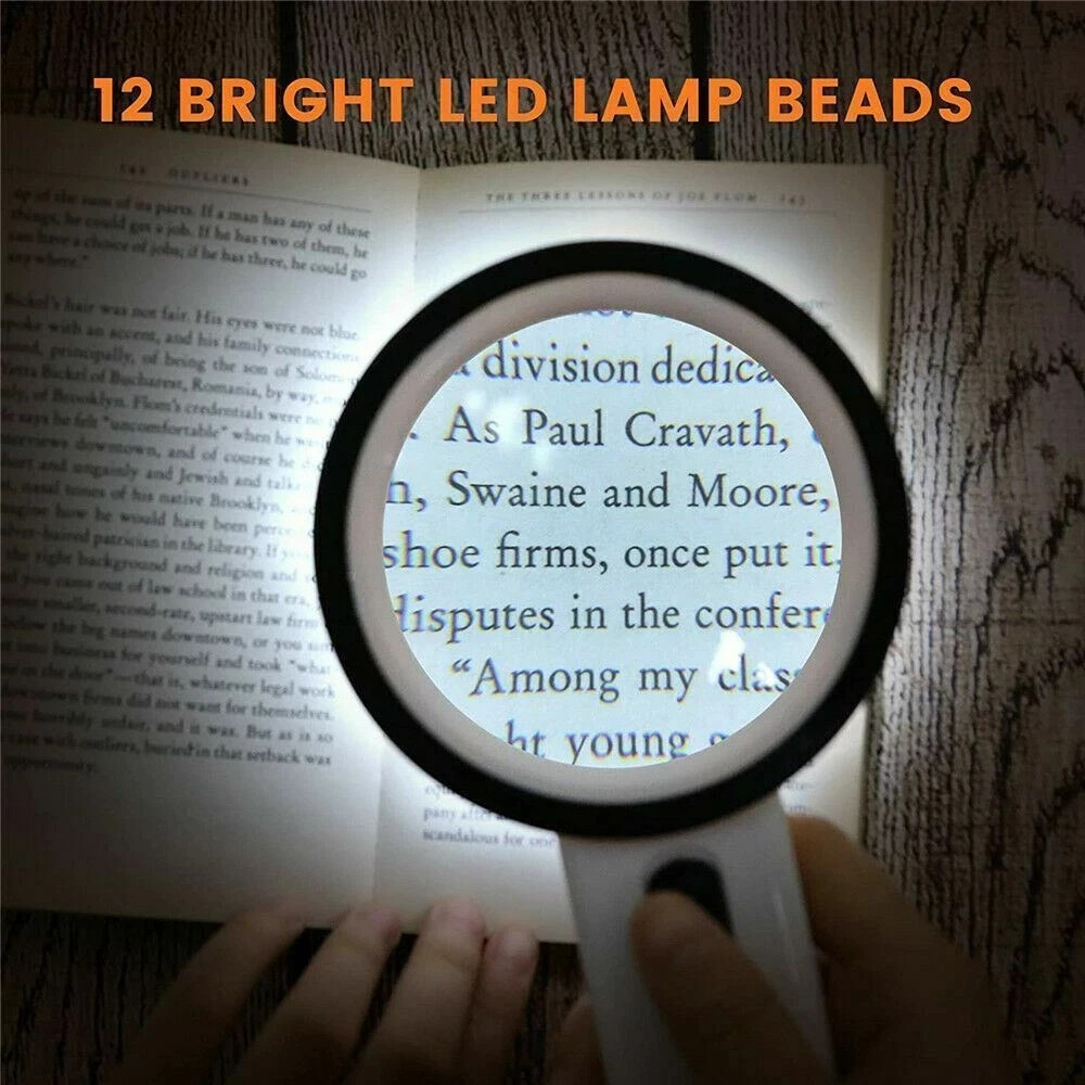30X Jumbo Handheld Magnifying Glass w/ 12 Bright LED Light Illuminated Magnifier