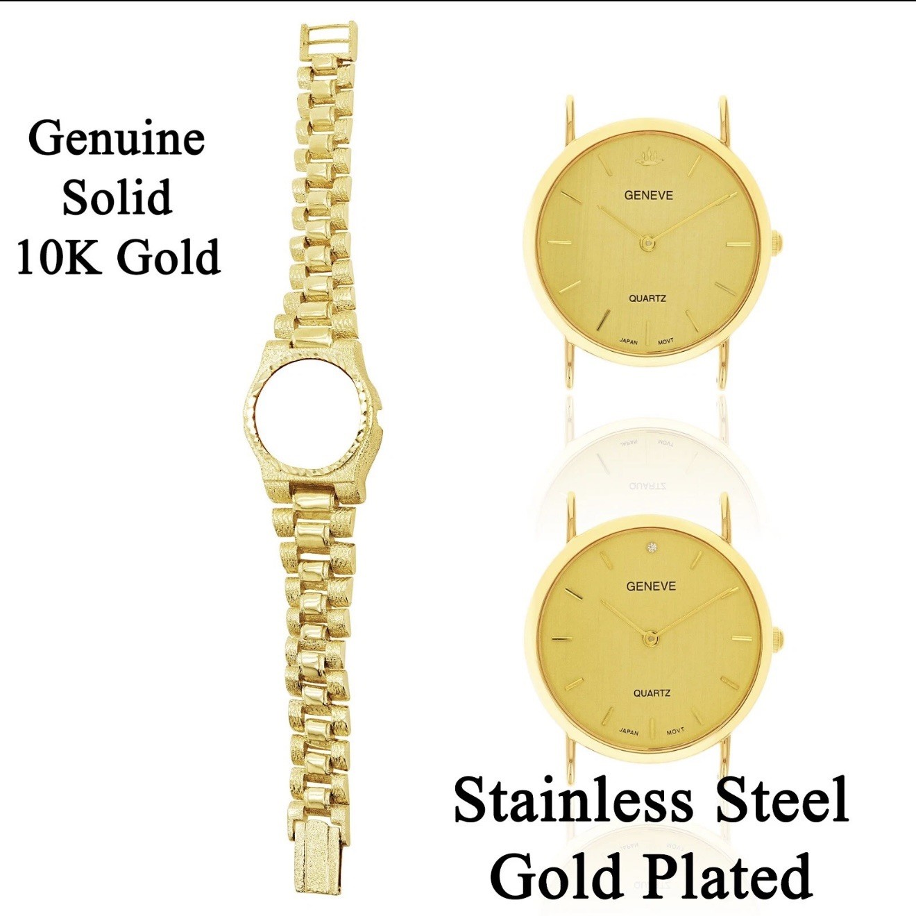 10k Yellow Gold Watch Link Wrist Band with Geneve Diamond Watch 7.5-8″ 49.8grams
