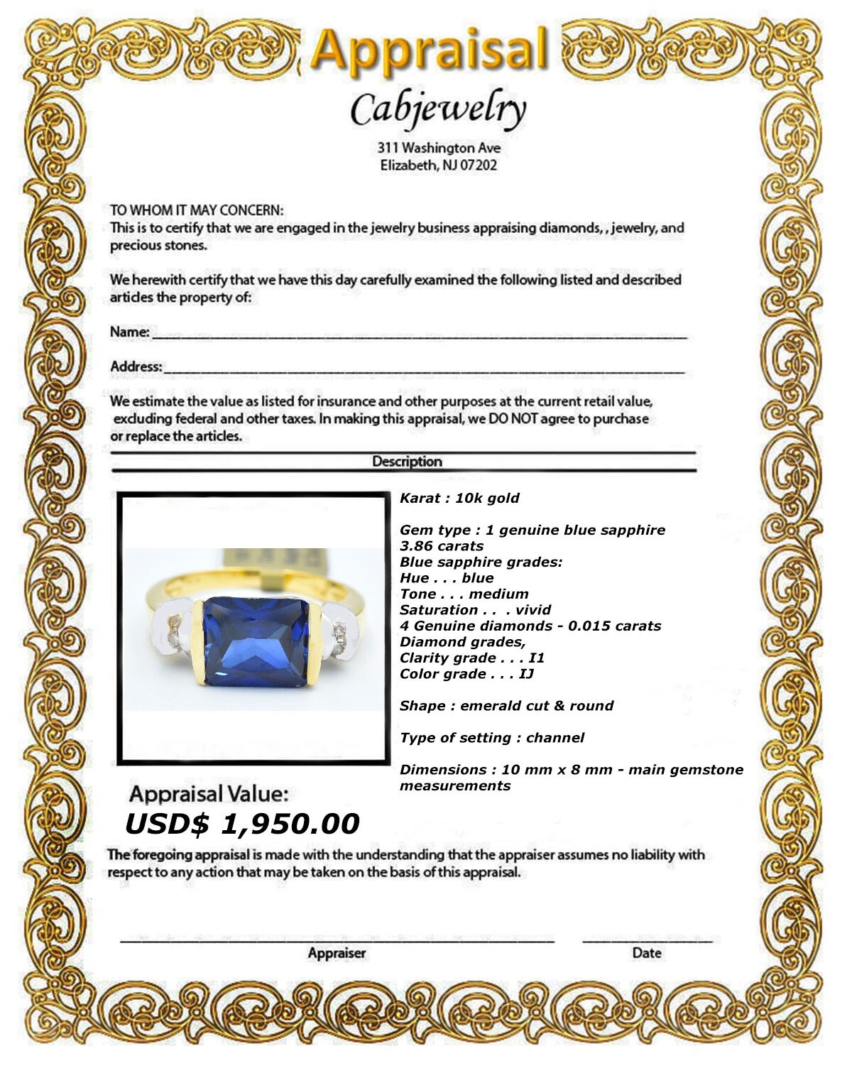 GENUINE 3.86 Cts BLUE SAPPHIRE & DIAMONDS RING 10K GOLD – Free Certificate – NWT