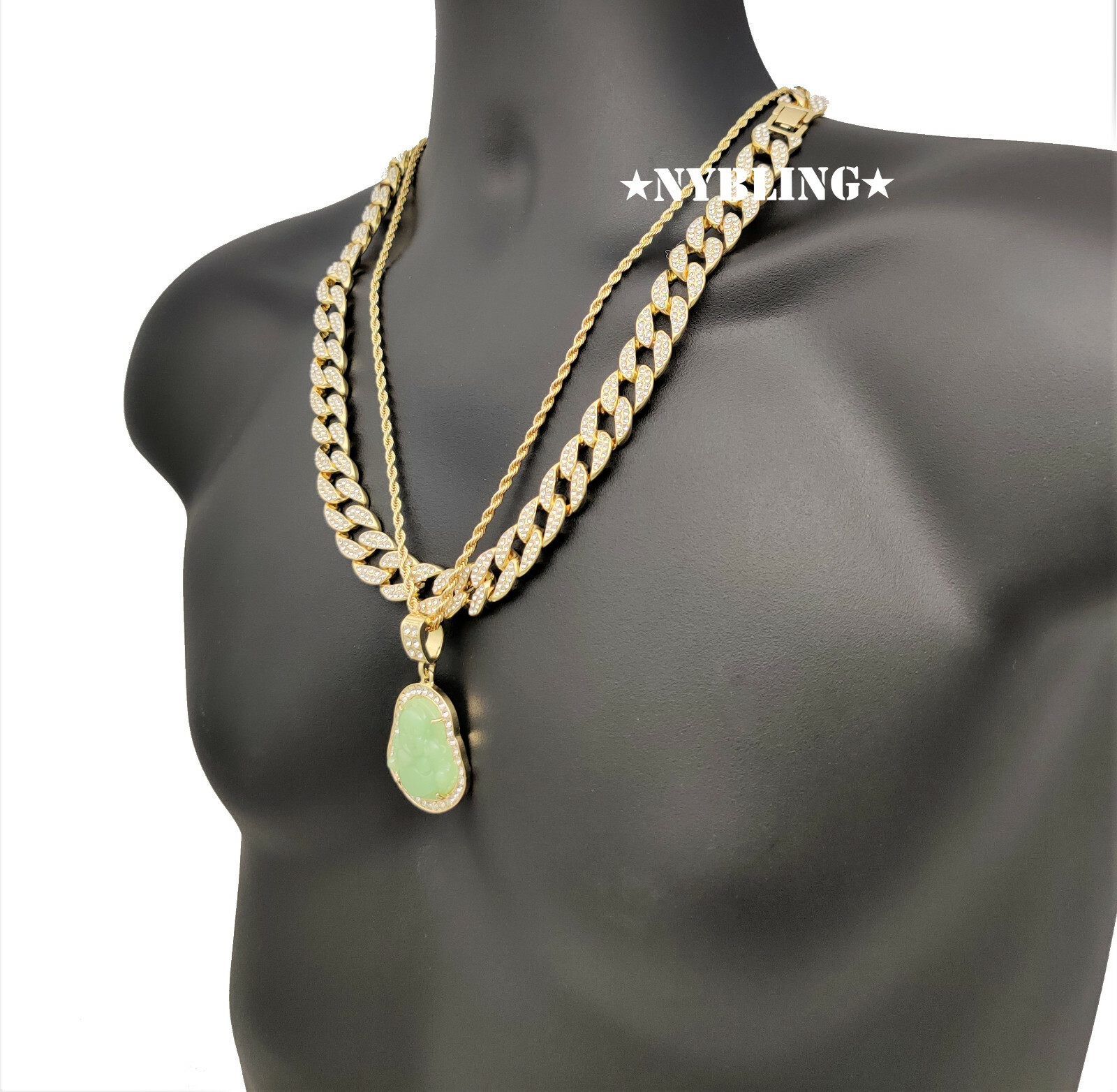 Buddha Pendant w/ Miami Cuban Chain Necklace & Rope Chain Mens Plated Jewelry