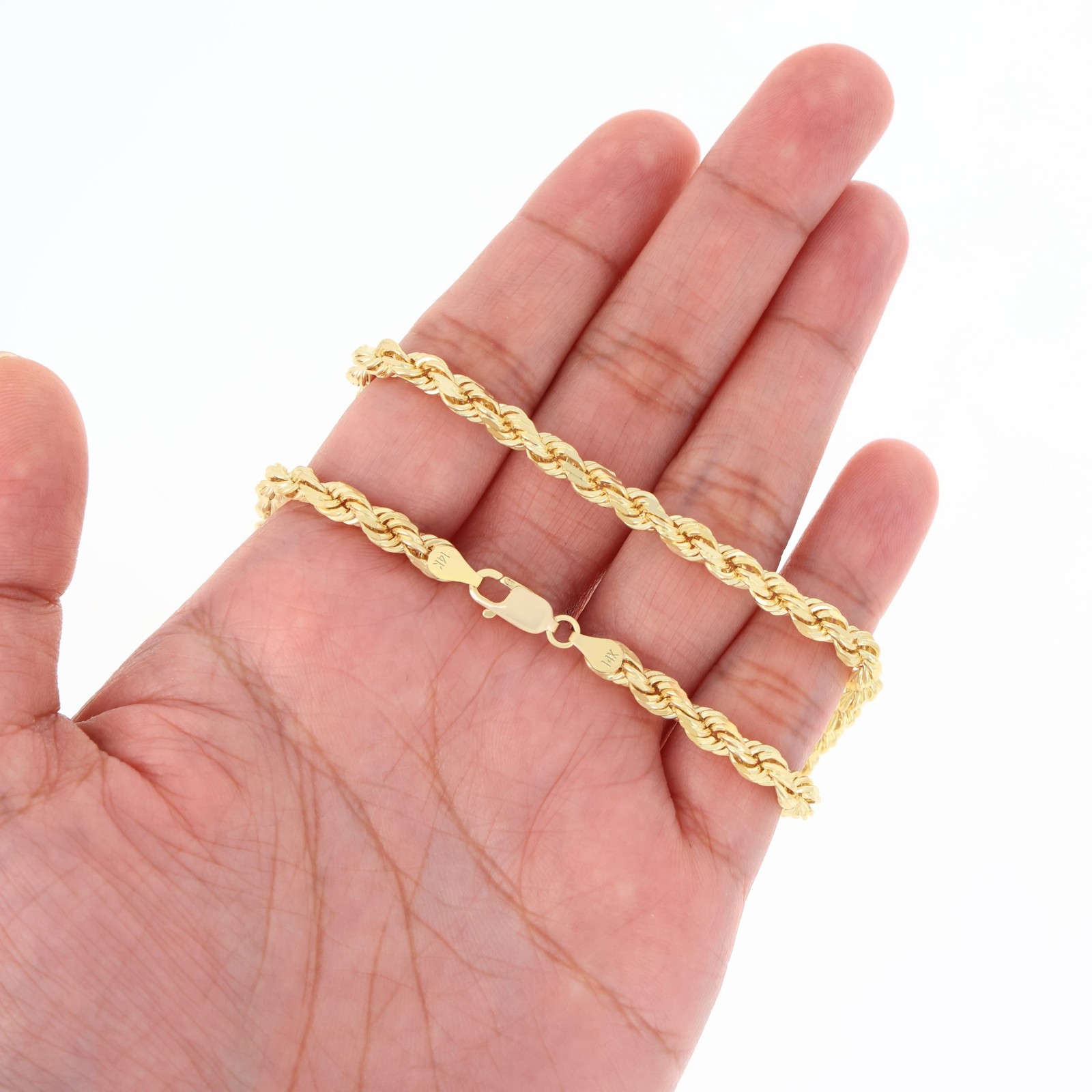 14K Yellow Gold Diamond Cut Rope 2mm-5mm Chain Link Bracelet Women Men 7″ 8″ 9″
