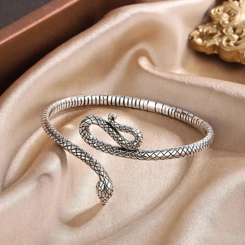 Women Bracelet Retro Snake Punk Elegant 925 Sterling Silver Cuff Vintage Bangle