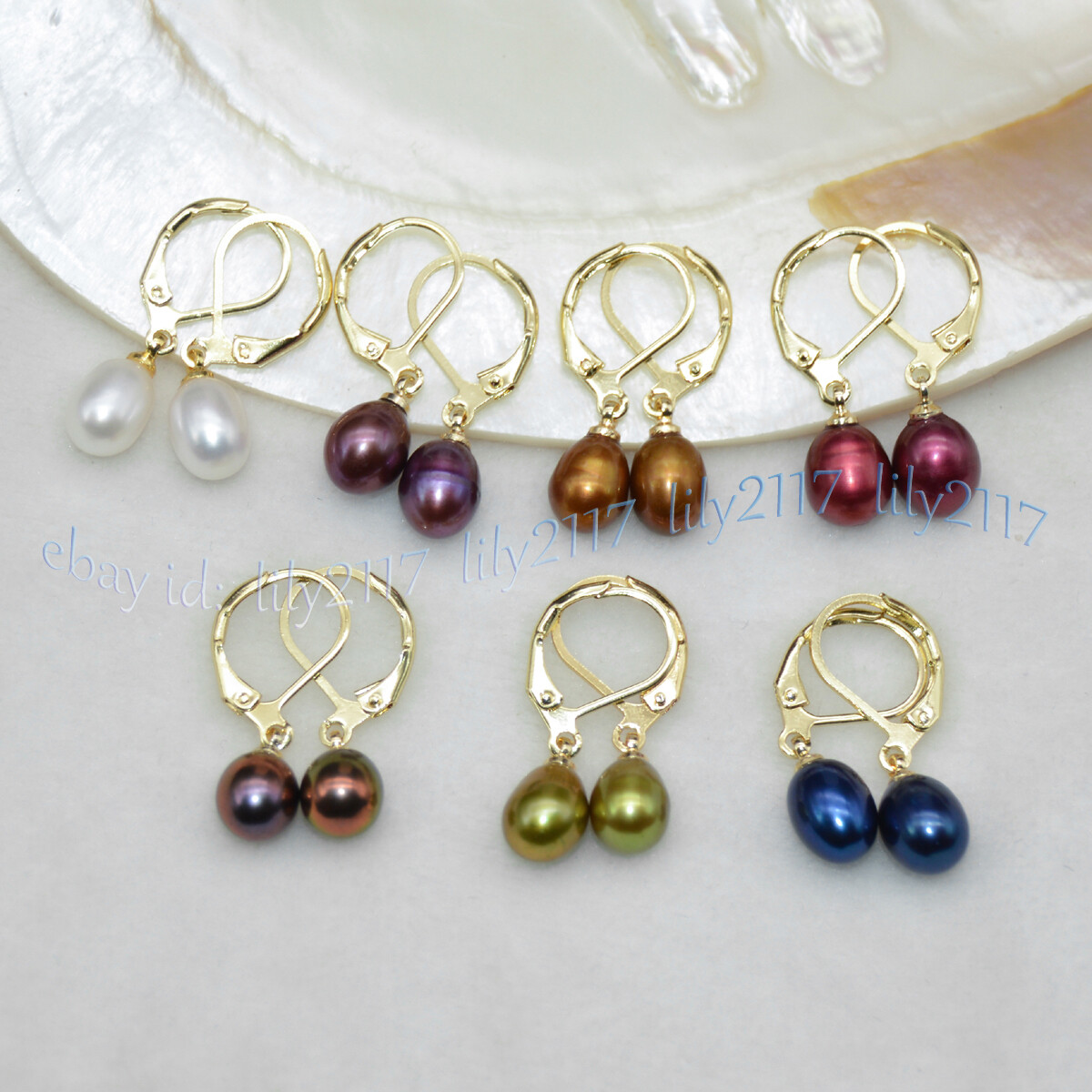 Multicolor 7-8mm Natural Freshwater Rice Pearl Dangle Gold Leverback Earrings