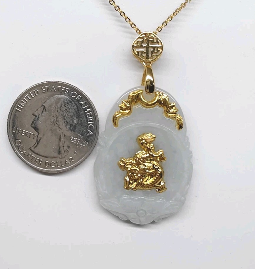 Certificated Dragon Jade Pendant 24K Gold Coated with silver hook 镀千足金玉吊坠龙生肖翡翠A货