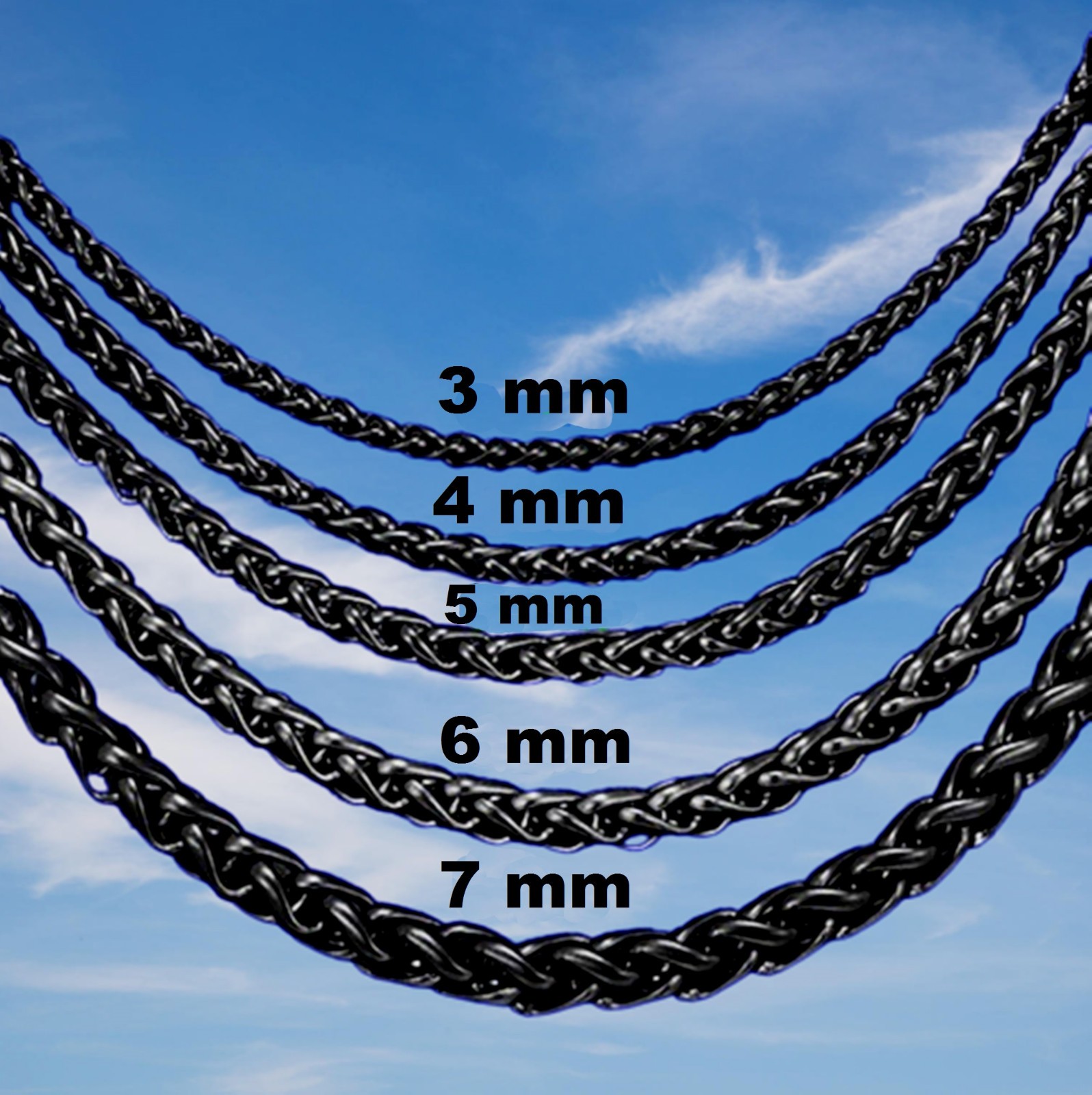 Chain Necklace Wheat stainless steel Black for men&women, 16/ 30 in, 3/4/5/6/7mm