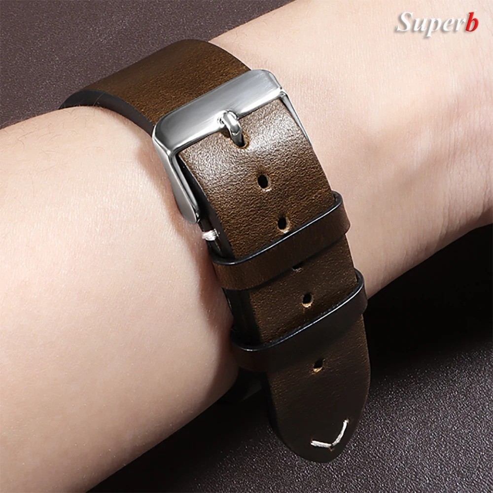 Vintage Oil Waxed Cowhide Watch Strap Quick Release genuine Leather band 18-24mm