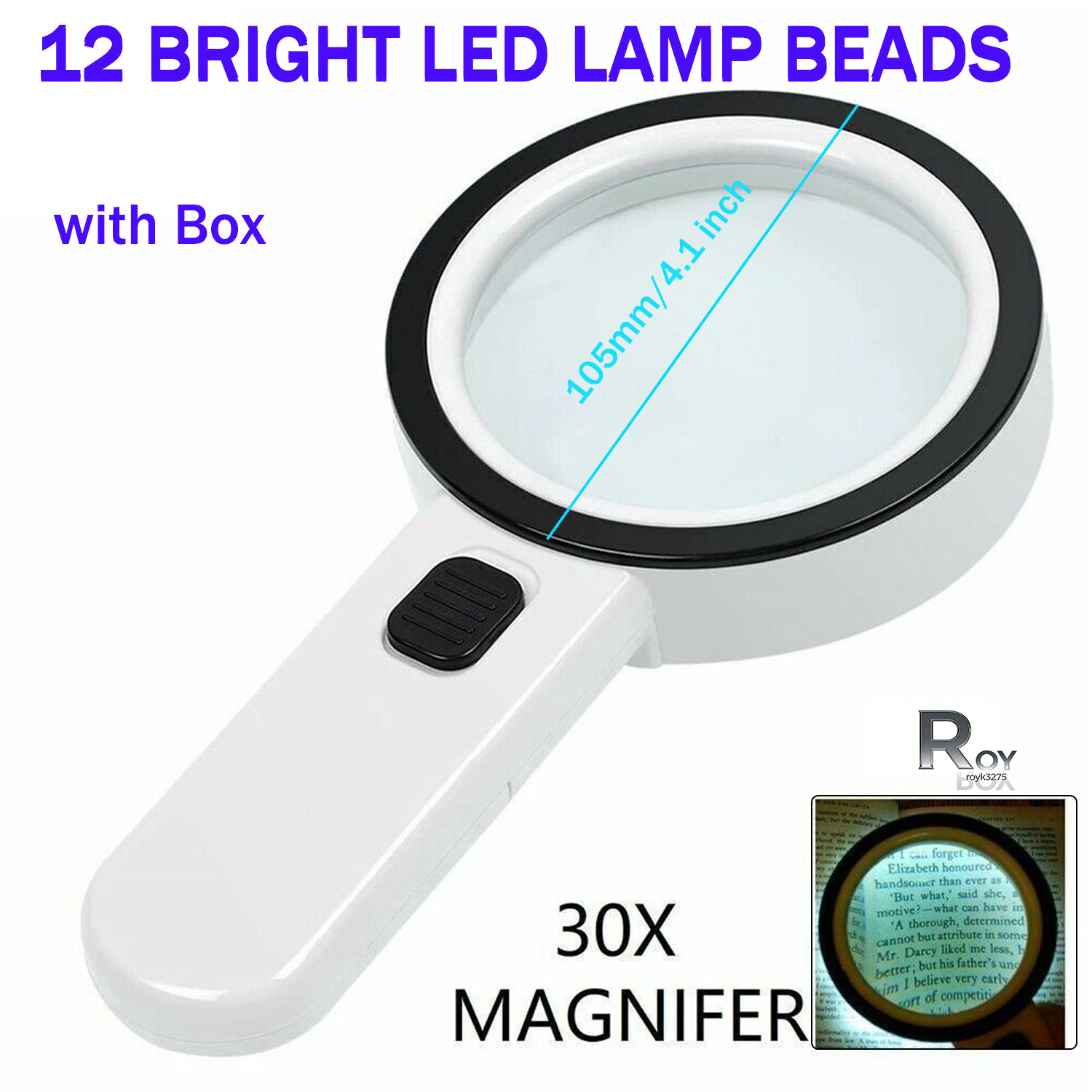 30x Jumbo Handheld Magnifying Glass w/ 12 Bright LED Light Illuminated Magnifier