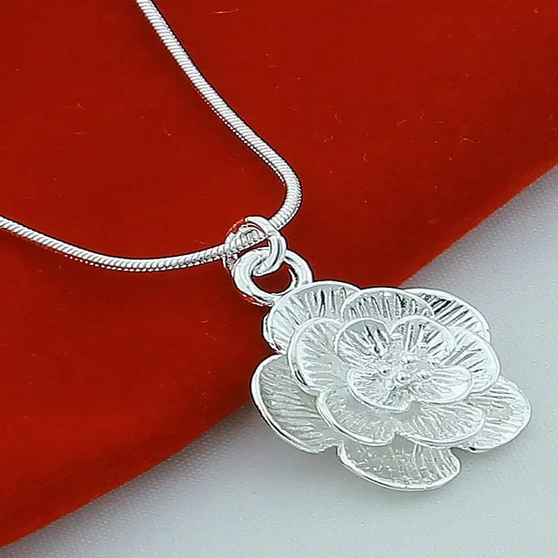 925 Sterling Silver Rose Flower Pendant Necklace 18/20-24/26/30 Inch Snake Chain