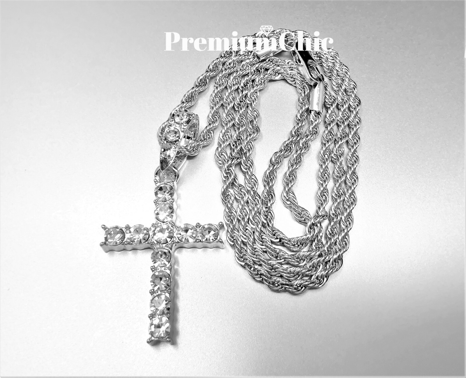 Iced Cross Pendant with 3MM Rope Chain Necklace Mens Hip Hop Plated CZ Jewelry