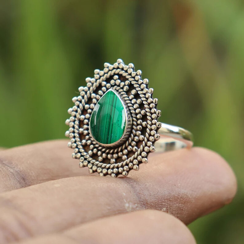 Malachite 925 Sterling Silver Band& Statement Ring Handmade Ring All Size-U-134