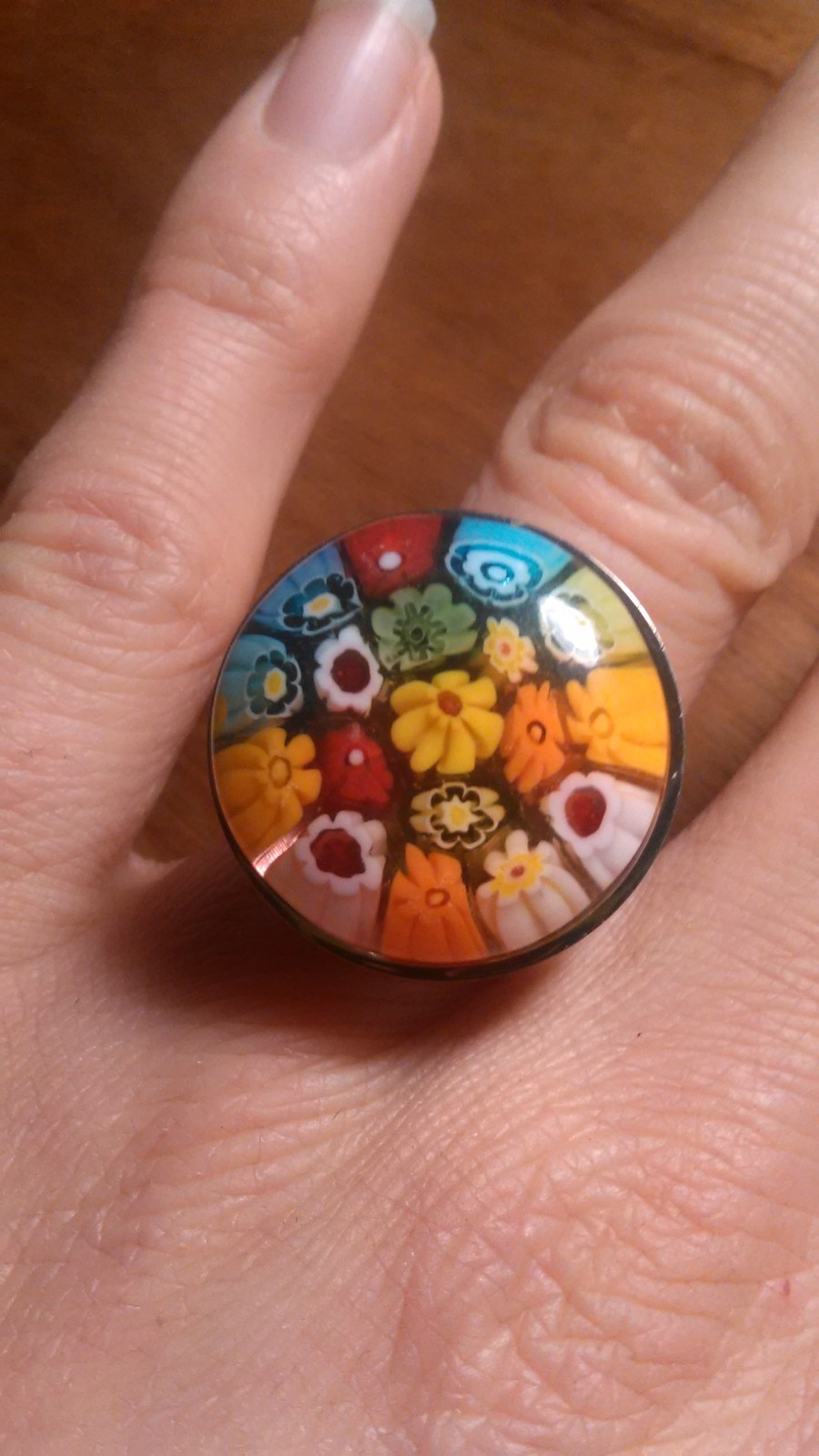 Multi Color Murano Style Glass Stainless Steel Ring (Size 7)