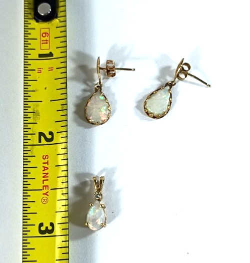 Vintage 14K Gold Opal Earrings & Pendant Set Natural White Fire Opal Mexico
