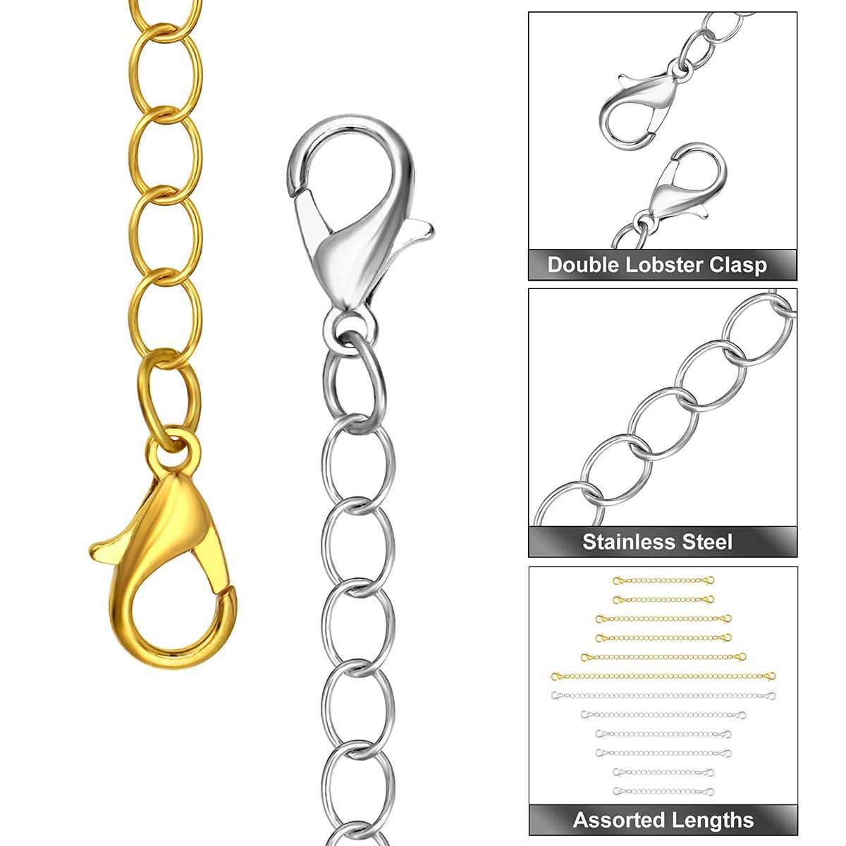 12 Pcs Extender Safety Chain Extender Necklace Bracelet Lobster Lock 2″ 3″ 4″ 6″