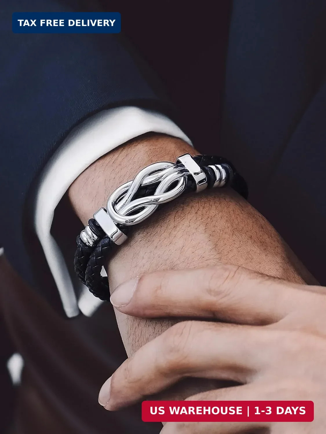 Infinity Love Knot Bracelet for Men Black Leather Love Link Cuff Bracele