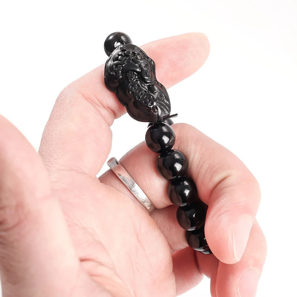 Pixiu Black Obsidian Stone Beads Bracelet Chinese Fengshui Good Luck Wealth For