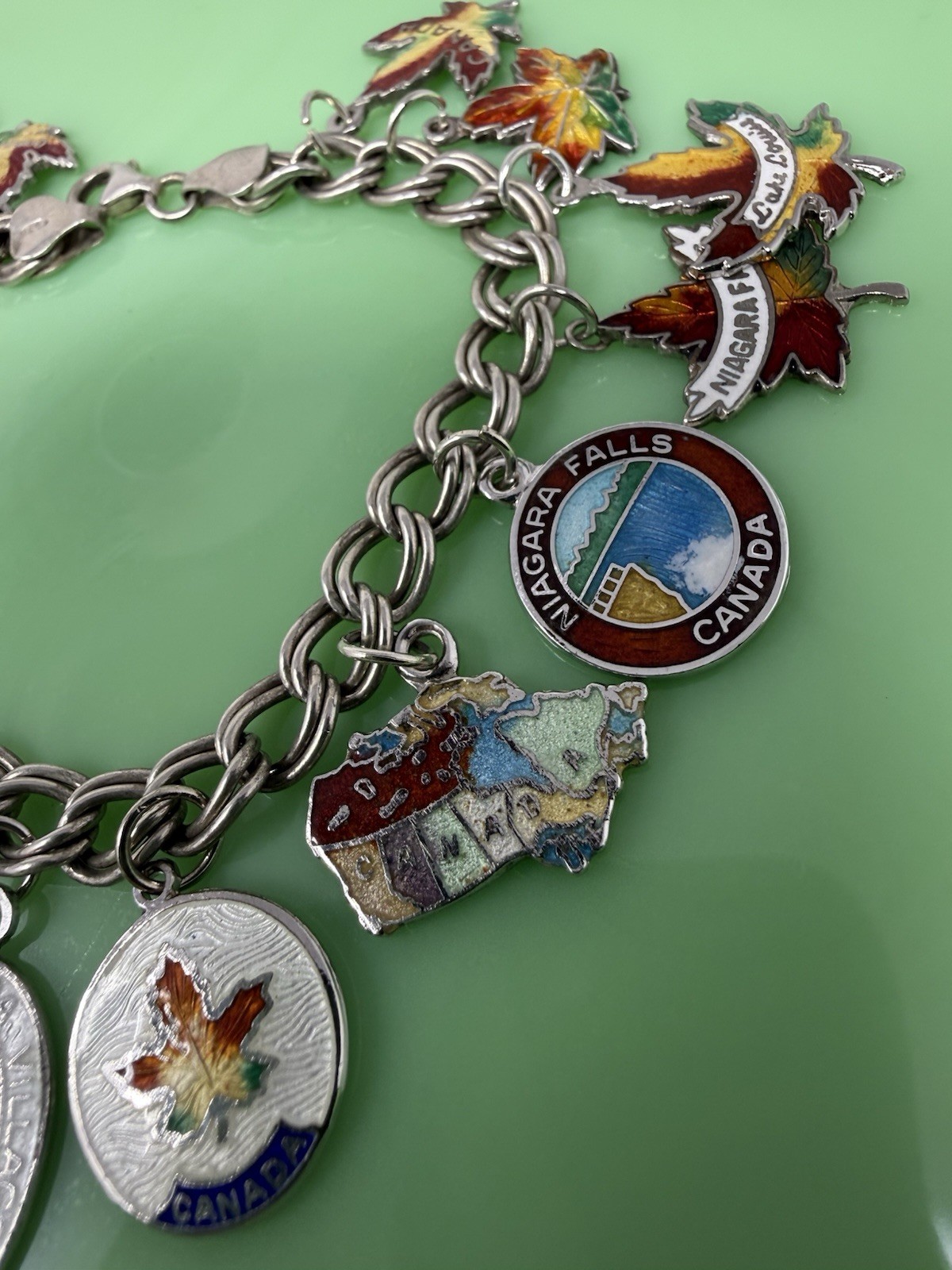 Vintage Sterling Silver Enamel Canada Travel Maple Multi Charm Bracelet 43g