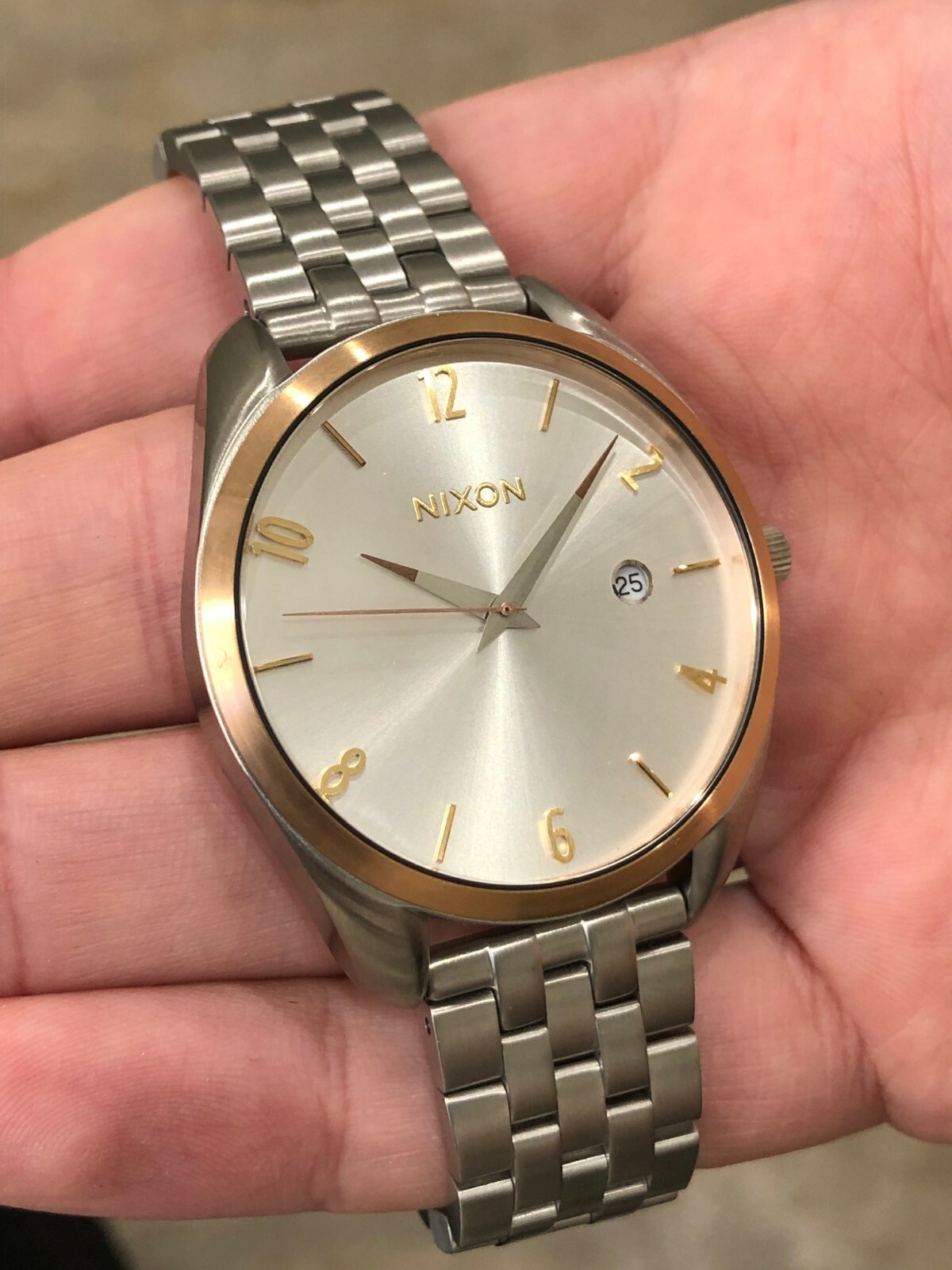NIXON THE BULLET SATIN BRUSHED STAINLESS STEEL ROSE GOLD ACCENTS WATCH $299