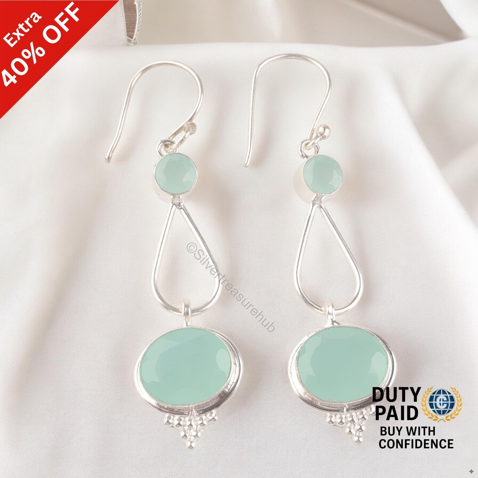 Christmas Sale Sterling Silver Natural Aqua Chalcedony Wife Dangling Earrings