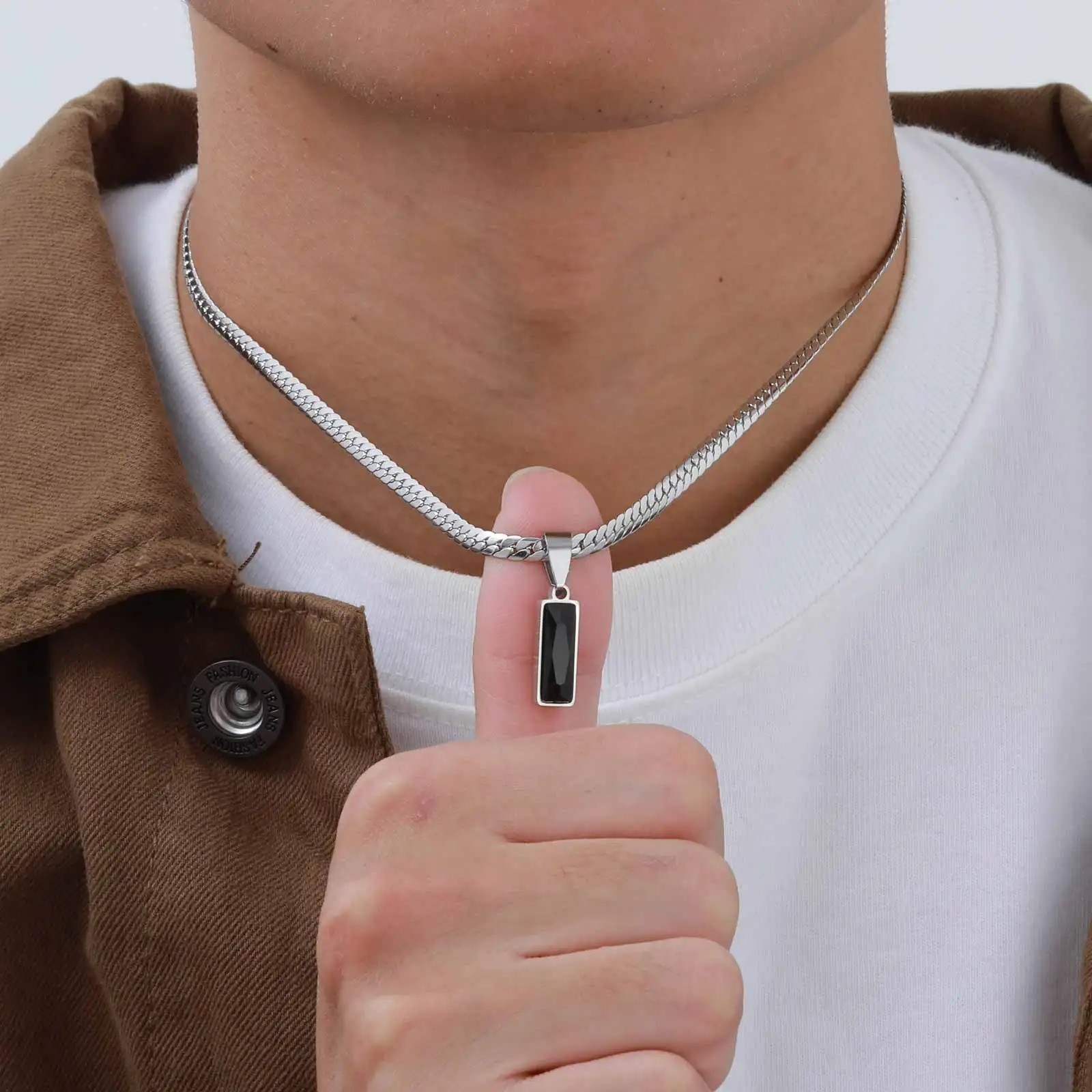 Mens Geometric Stone Pendant Necklace Stainless Steel Cuban Chain Hip Hop Gift