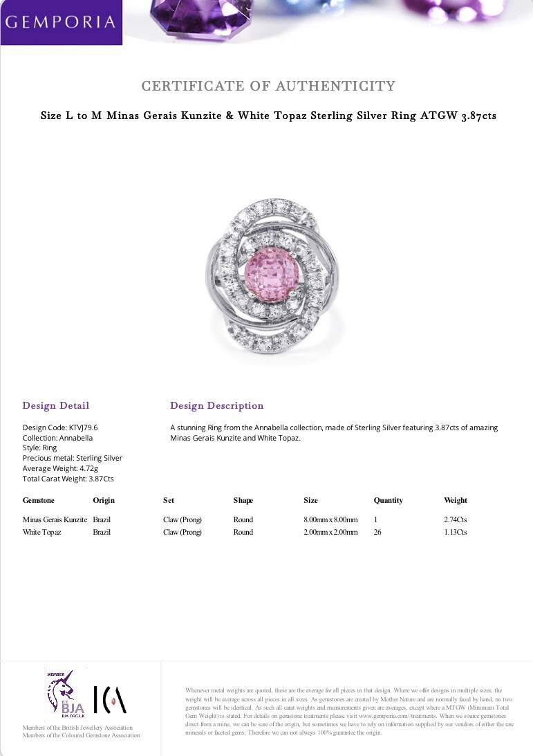 Size L to M Gemporia Kunzite & White Topaz Sterling Silver Ring ATGW 3.87cts