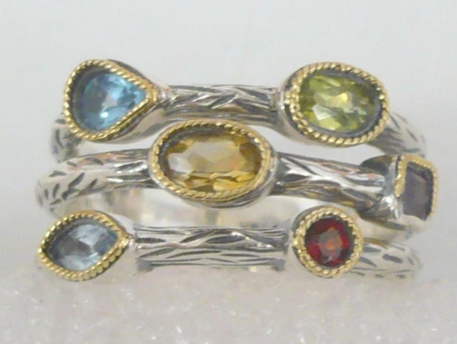 EFFY Sterling Silver/18K Split Multi Gemstone Ring – Size 7 -6 grams- Very Good!