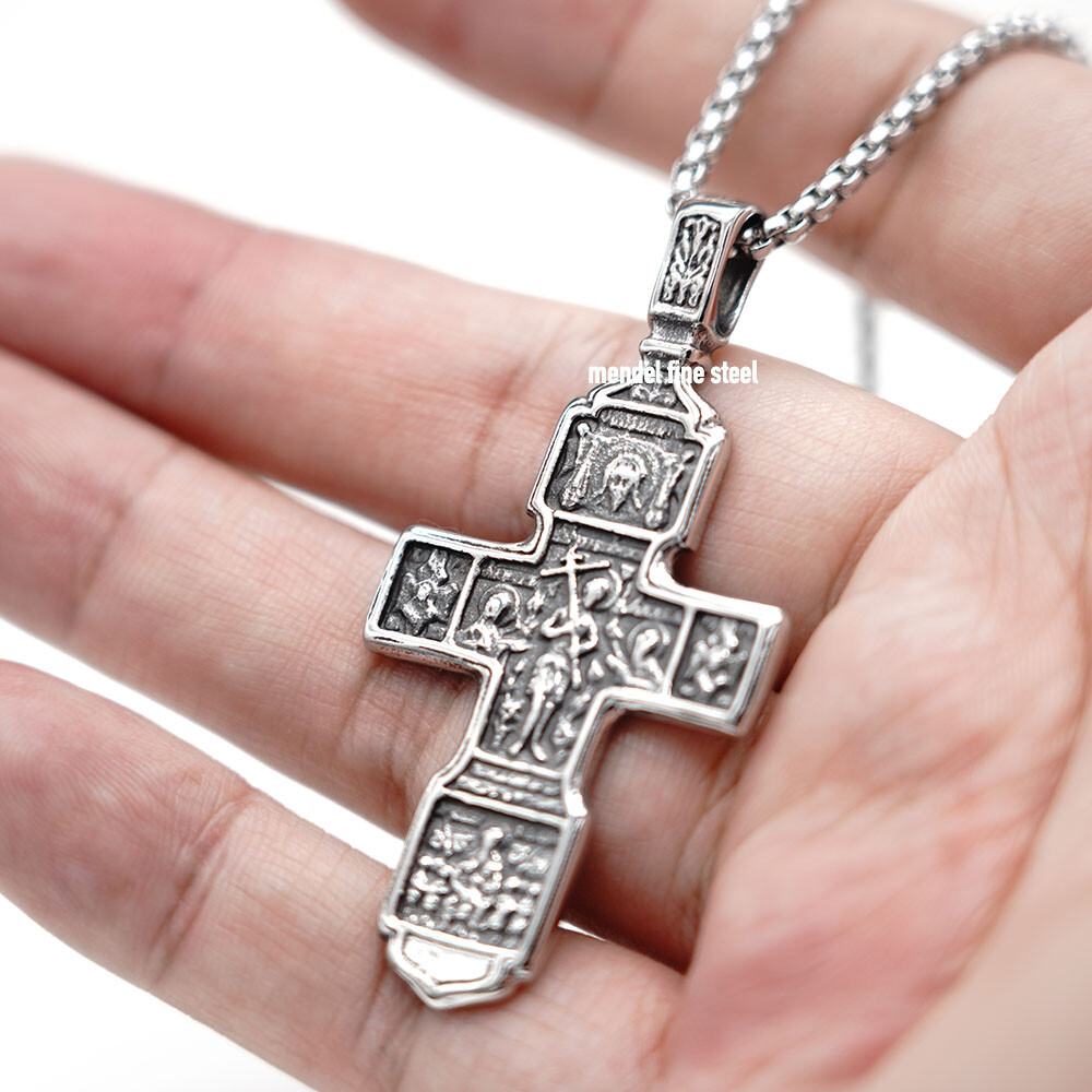 MENDEL Mens Greek Orthodox Jesus Crucifix Cross Pendant Necklace Stainless Steel
