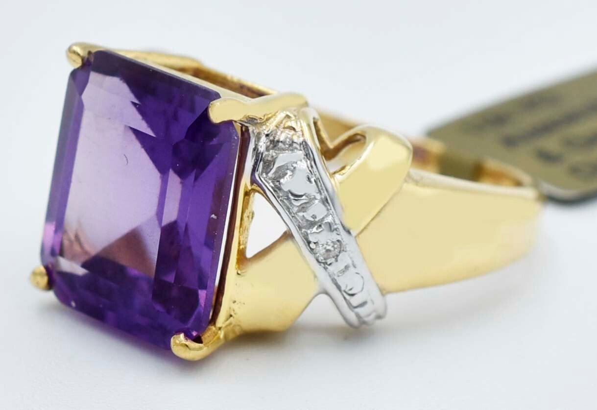 GENUINE 6.48 Cts AMETHYST & DIAMONDS RING 10K GOLD – Free Appraisal Service -NWT