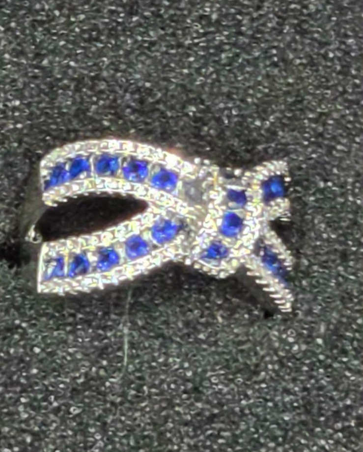 Blue Sapphire CZ Silver Tone Bow Knot Crossover Cocktail Statement Ring