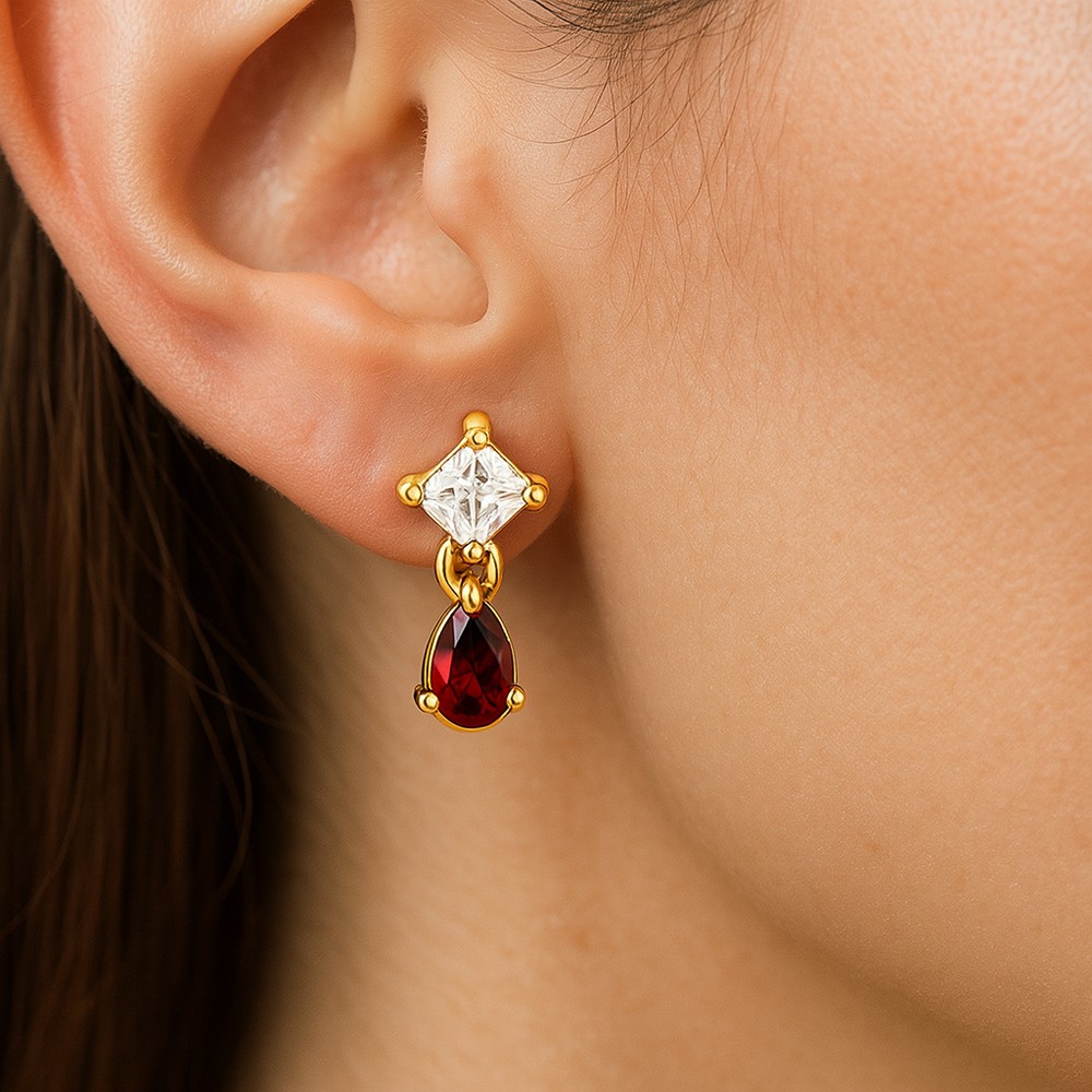 18K Gold Over Brass Teardrop & Princess Cut Gemstone Earrings, Chic TGE1046