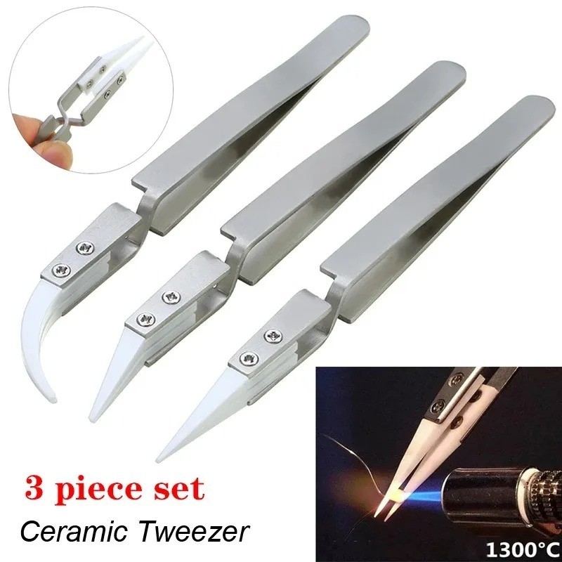 3pcs Ceramic Tip Soldering Tweezers Anti-Static Precision Electronic Tool Set